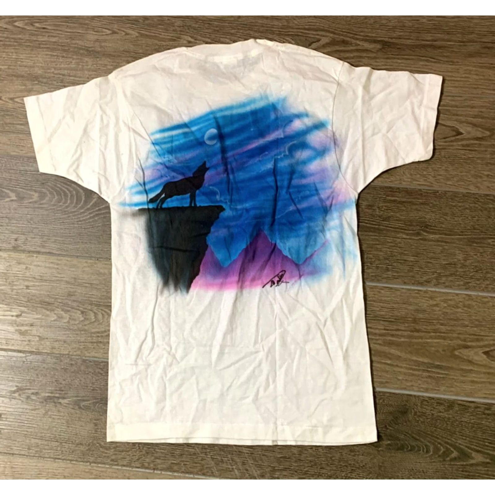 Fruit Of The Loom VINTAGE 90s Fruit of the Loom Southwestern Wolf Horse Spray Art Single Stitch T Shirt Adult Medium White Mens Size US M / EU 48-50 / 2 - 3 Thumbnail