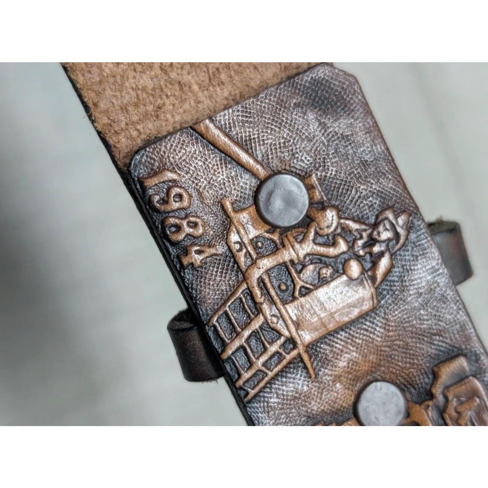 Vintage VINTAGE handcrafted USA made FIREFIGHTER leather Western belt 40 brown 1-1/2" belt Western Mens Fire Department pattern 40/42 decade Size 40 - 6 Thumbnail