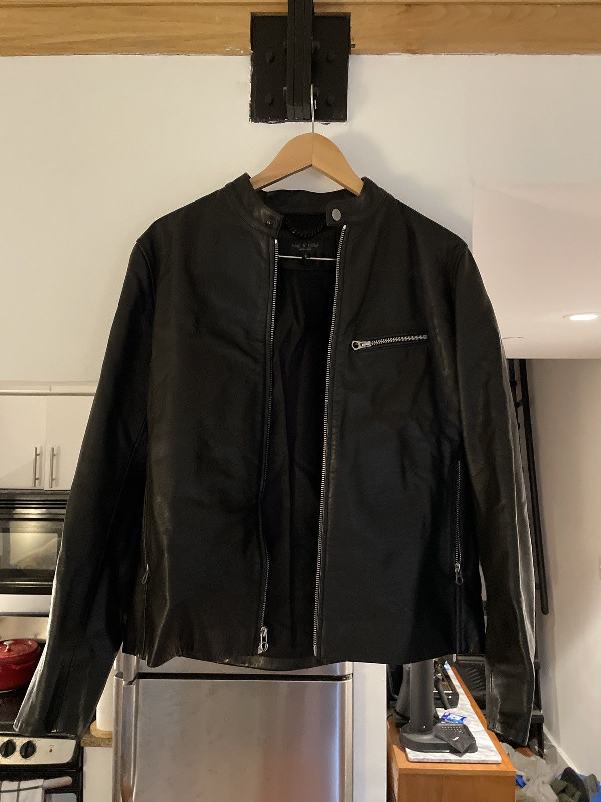 image of Rag Bone Rag & Bone Cafe Racer Leather Jacket in Black, Men's (Size Small)