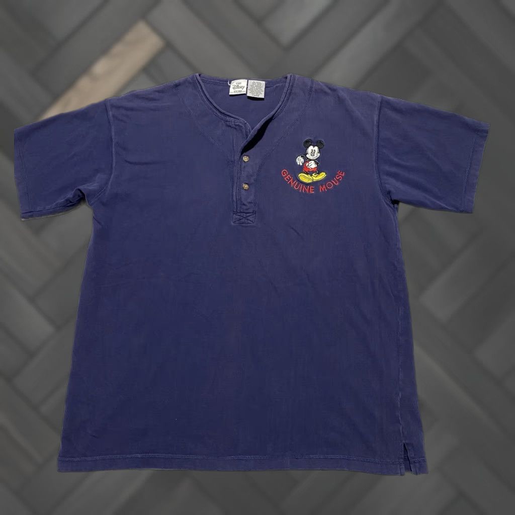 Disney VINTAGE Disney Mickey Mouse Henley Shirt Mens Large Blue 90s GENUINE MOUSE Embroidery Graphic Print Short Sleeve Cotton Size US L / EU 52-54 / 3 - 1 Thumbnail