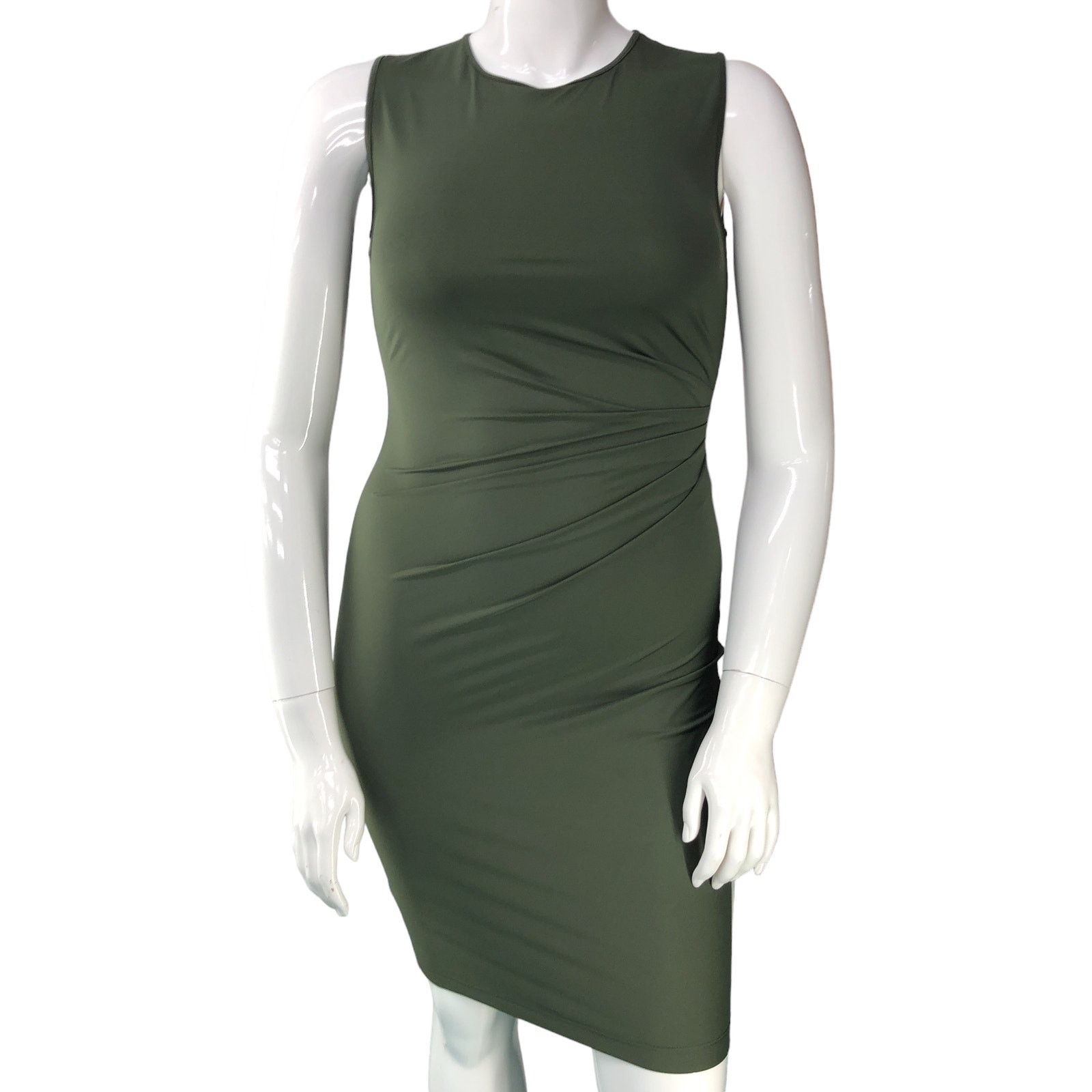 Theory Sz M Dress Sheath Travel Jersey Gathered Waist Green