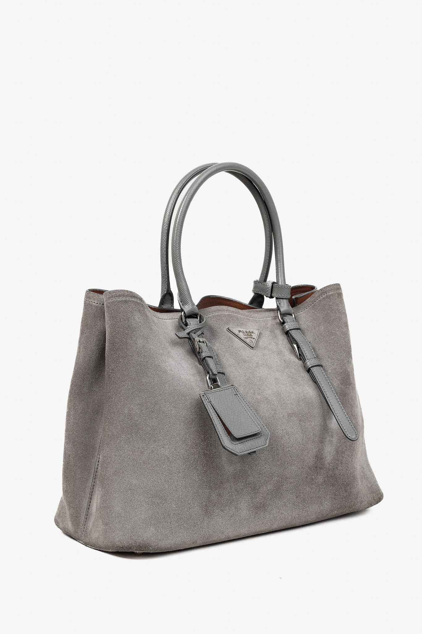 Prada Prada Acciaio Scamosciato Grey Suede Double Bag Tote Size ONE SIZE - 2 Thumbnail