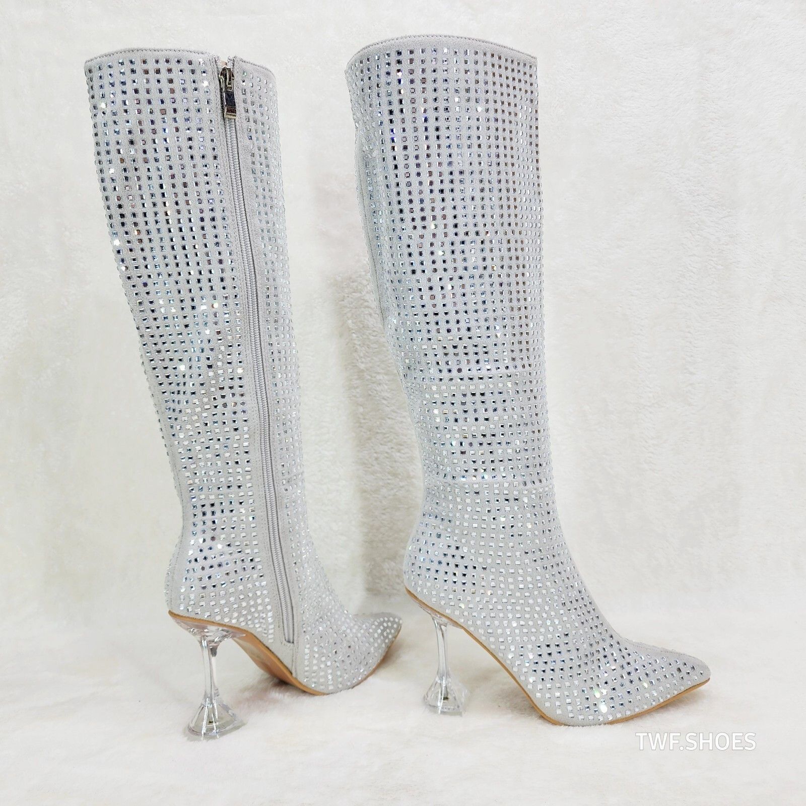 Other Glamour Shot Mirrored Rhinestone 4" Pyramid Heel Knee Boots Size US 8.5 / IT 38.5 - 3 Thumbnail