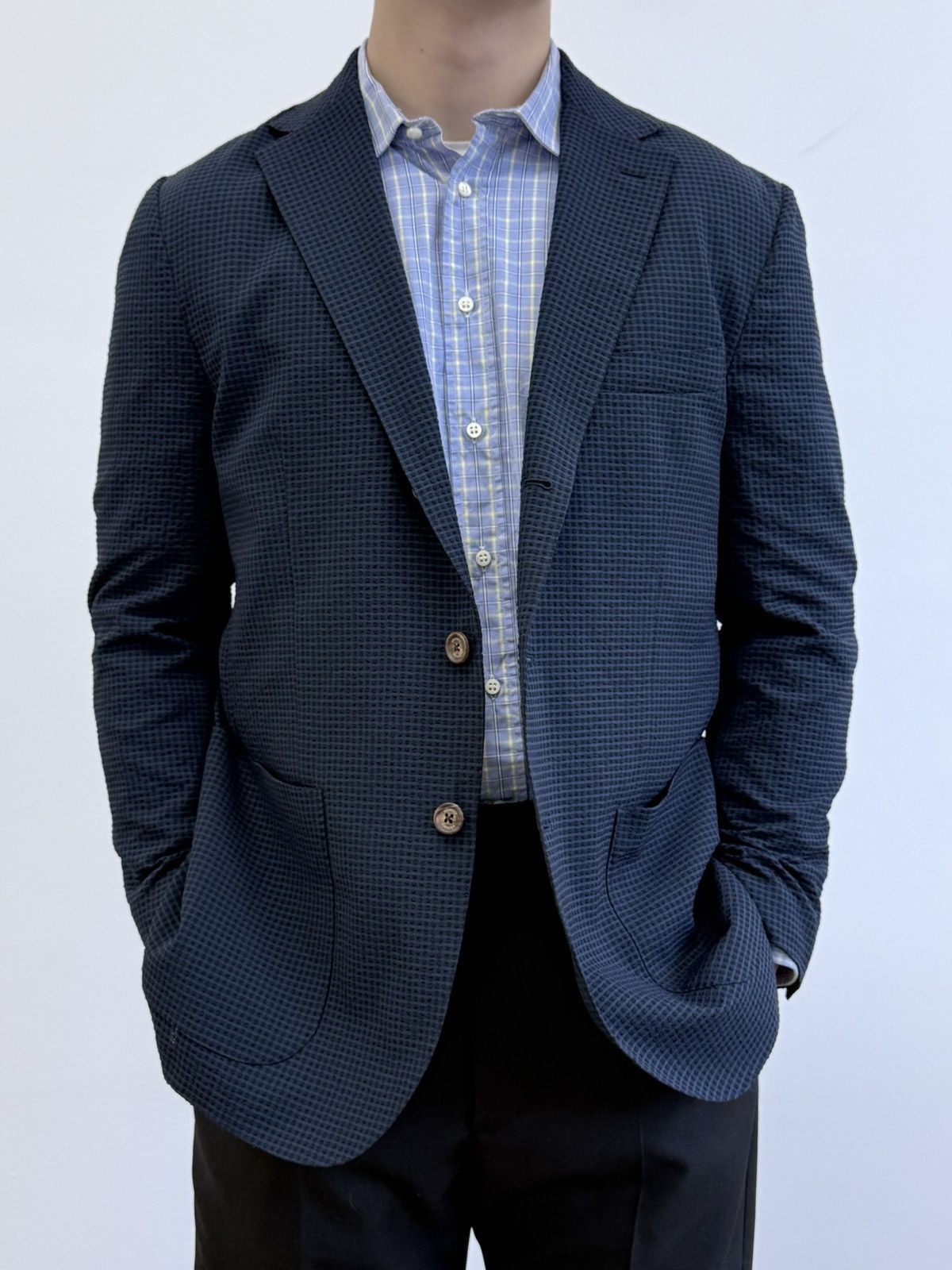Eleventy Eleventy Navy Blue Textur Lightweight Blazer Jacket Size 44R - 2 Thumbnail