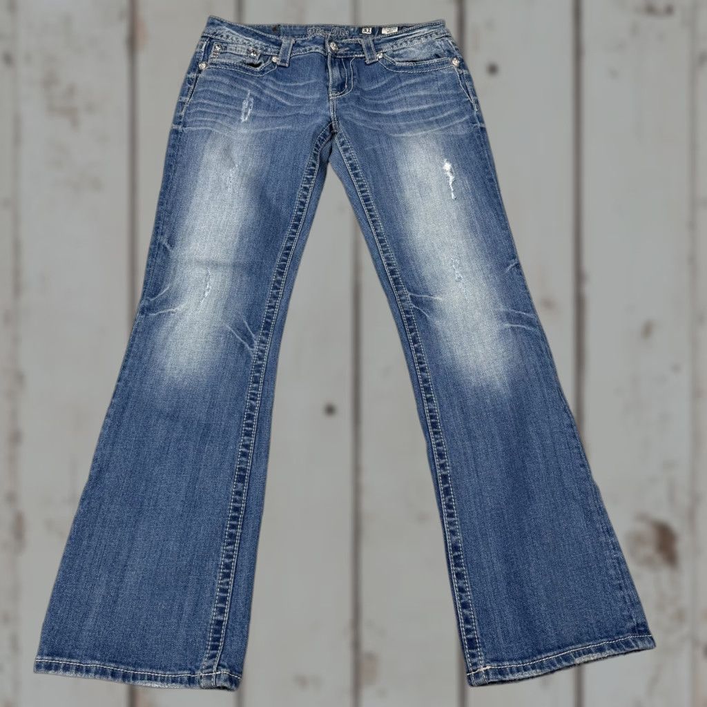 Miss Me Miss Me Bootcut Jeans Womens 31 Distressed Pockets Rhinestone Denim Blue 31 Inseam Jeans Women Bling VINTAGE Size 24" / US 00 / IT 34 - 1 Thumbnail