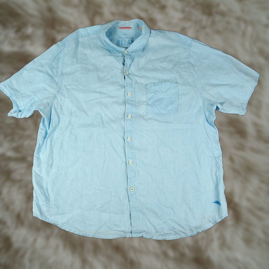 Tommy Bahama Tommy Bahama Shirt Mens 2XB Light Blue Linen Hawaiian Button Up Short Sleeve Blue Plain Solid Hawaiian Pattern Casual Beach Modern 2X Big Mens Shirt Size US XXL / EU 58 / 5 - 1 Thumbnail