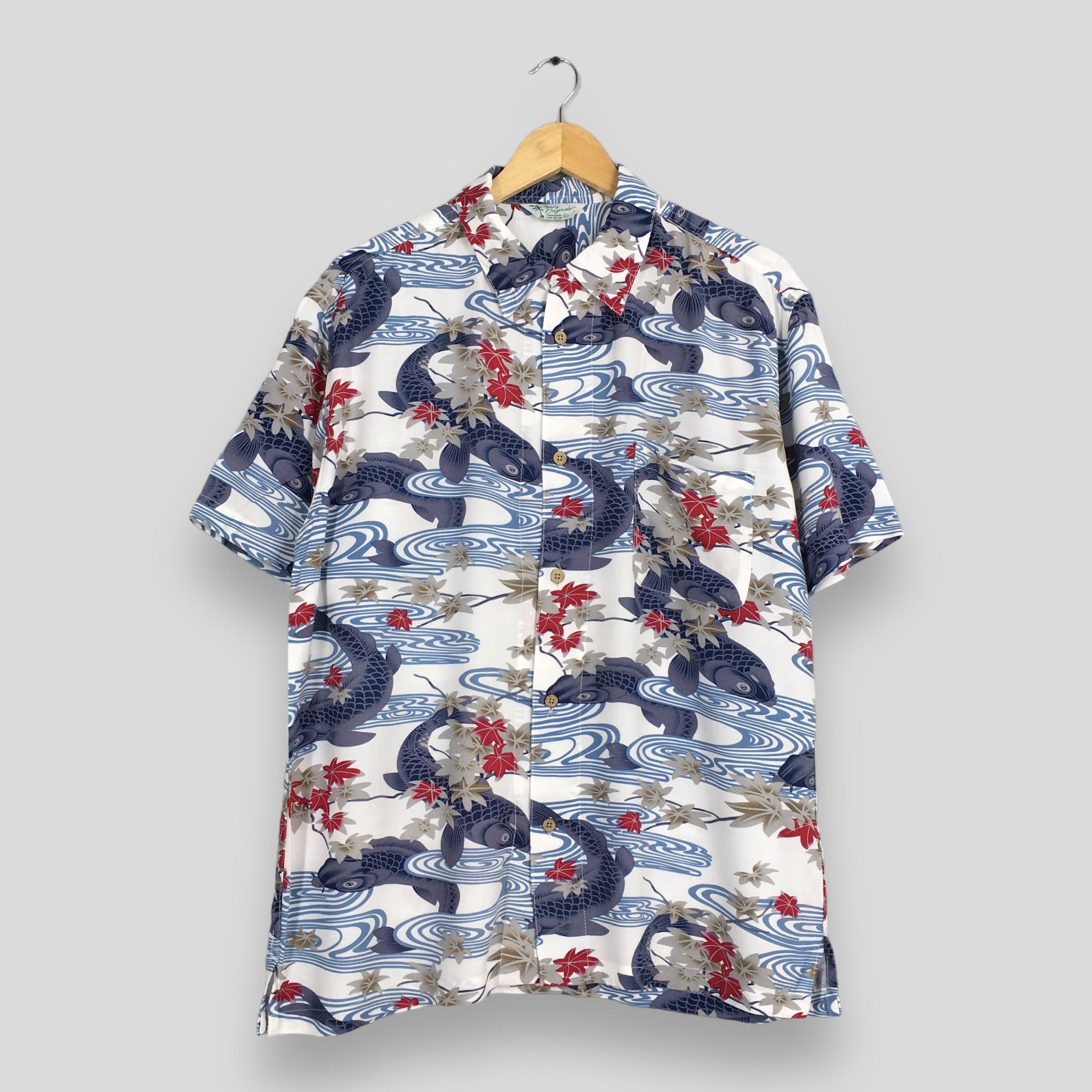 Image of Aloha Wear x Hawaiian Shirt Vintage Hawaiian Japanese Gold Fish Rayon Shirt Xlarge, Men's