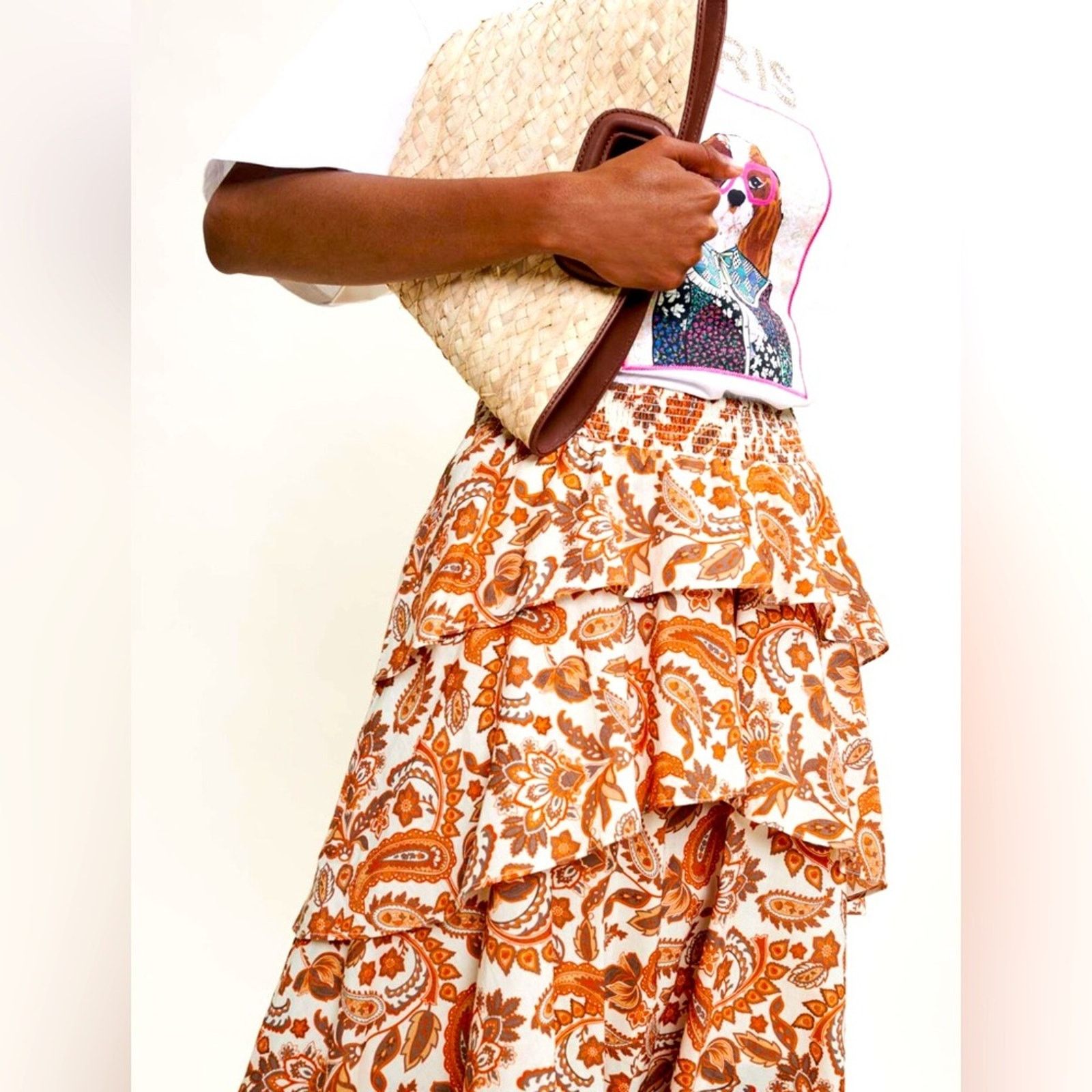 Maje MAJE $345 Orange Paisley Cotton Tiered Skirt FR34 USXS Size 26" / US 2 / IT 38 - 5 Thumbnail
