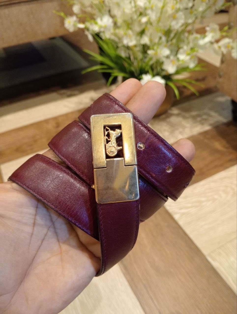 Celine VTG CELINE LEATHER BELT - BURGUNDY WITH GOLD COLOUR BUCKLE Size ONE SIZE - 5 Thumbnail