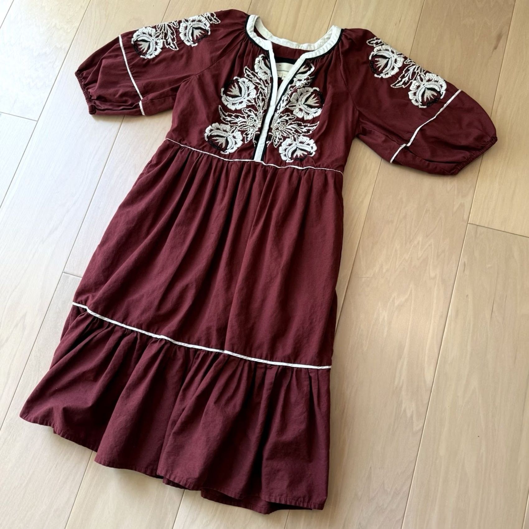 Anthropologie VINTAGE Anthropologie Gretel Embroidered Folk Peasant Maxi Dress XS Maroon Glam Boho Size XS / US 0-2 / IT 36-38 - 7 Thumbnail