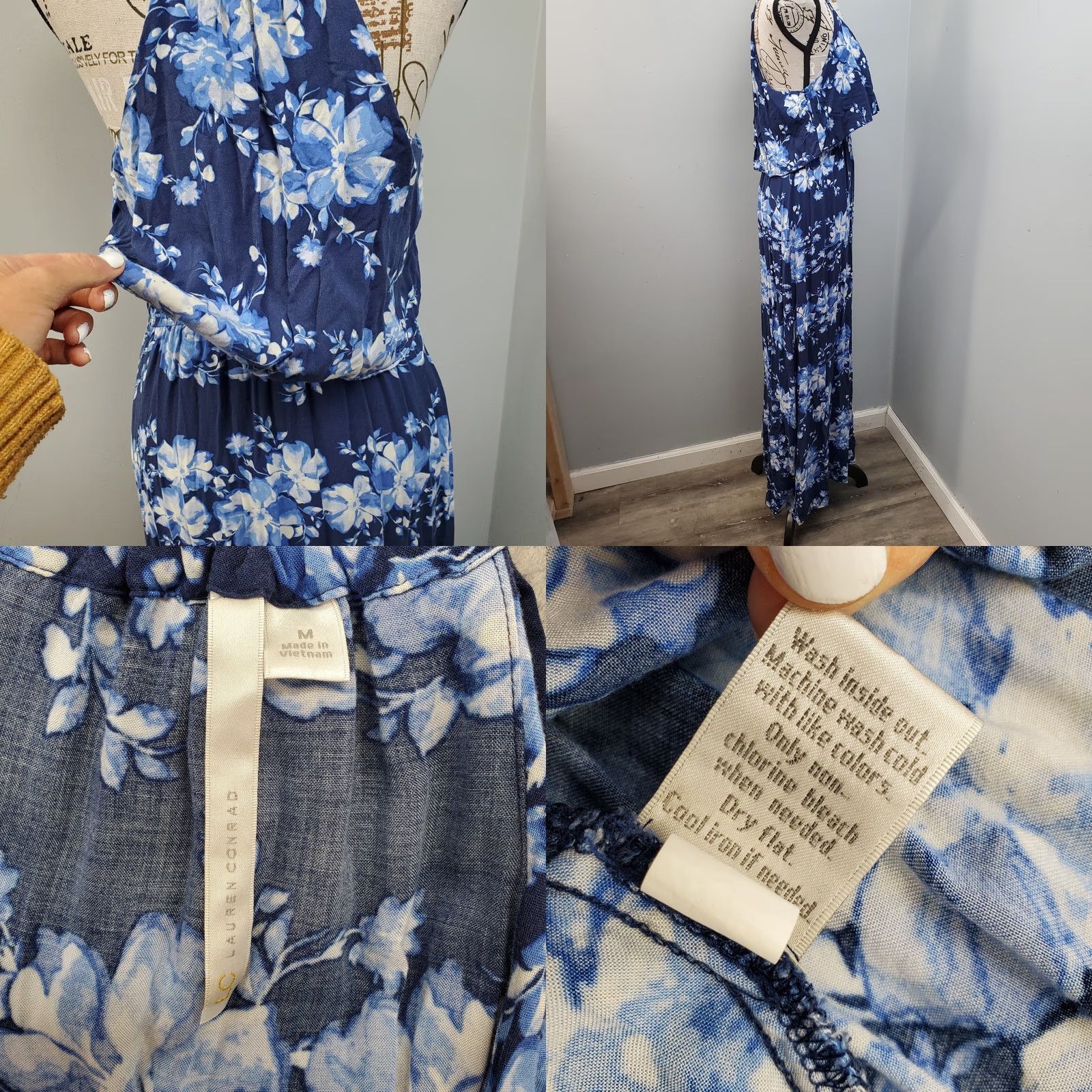 Vintage LC Lauren Conrad Maxi Dress Womens M Blue White Floral Cinch Waist Tiered Bodice Dress Size M / US 6-8 / IT 42-44 - 8 Thumbnail