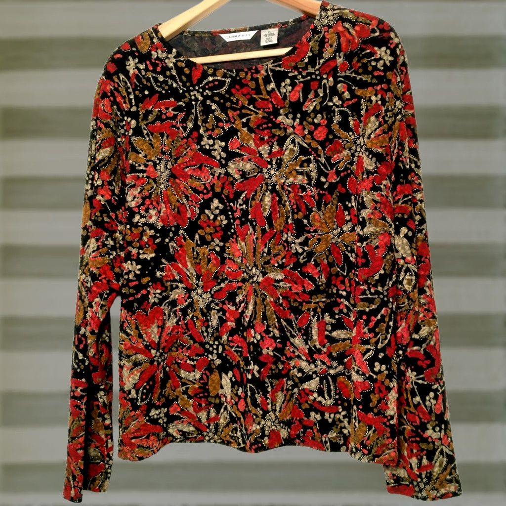 Laura Ashley Laura Ashley Shirt Women XL Black Maroon Tan Floral Stretch Textured Abstract Size XL / US 12-14 / IT 48-50 - 1 Thumbnail