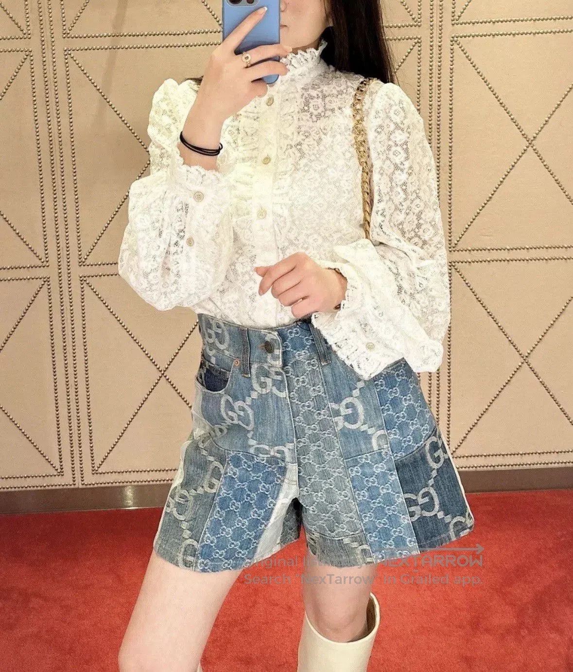 Gucci Gucci Patchwork Double G Leather Patch Denim Shorts. Size 23" - 1 Thumbnail