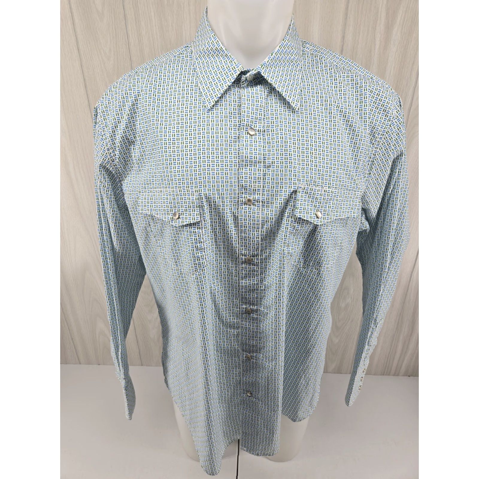 Wrangler VINTAGE Wrangler Shirt Men XL Green Blue Geometric Wrancher Long Sleeve Pearl Snap Size US XL / EU 56 / 4 - 3 Thumbnail