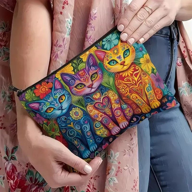 Other Cat Trio Psychedelic Makeup Bag Colorful Art Cosmetic Pouch Size ONE SIZE - 5 Thumbnail