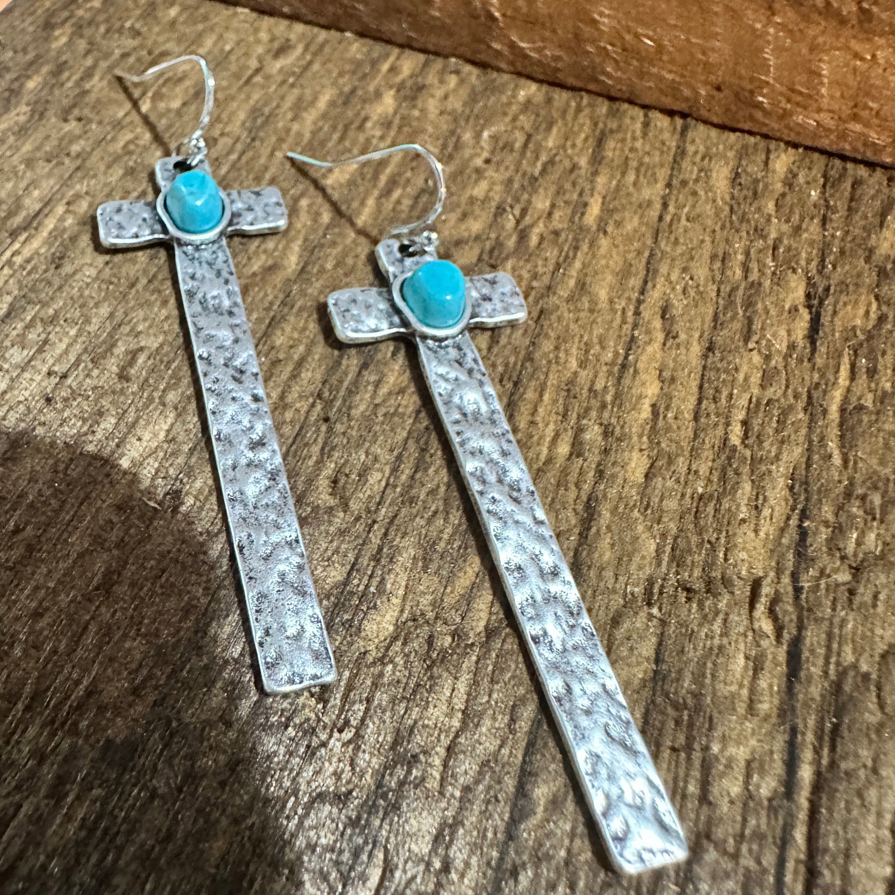 Other Cross Turquoise Earrings with Hammered Design, Southwestern Size ONE SIZE - 4 Thumbnail