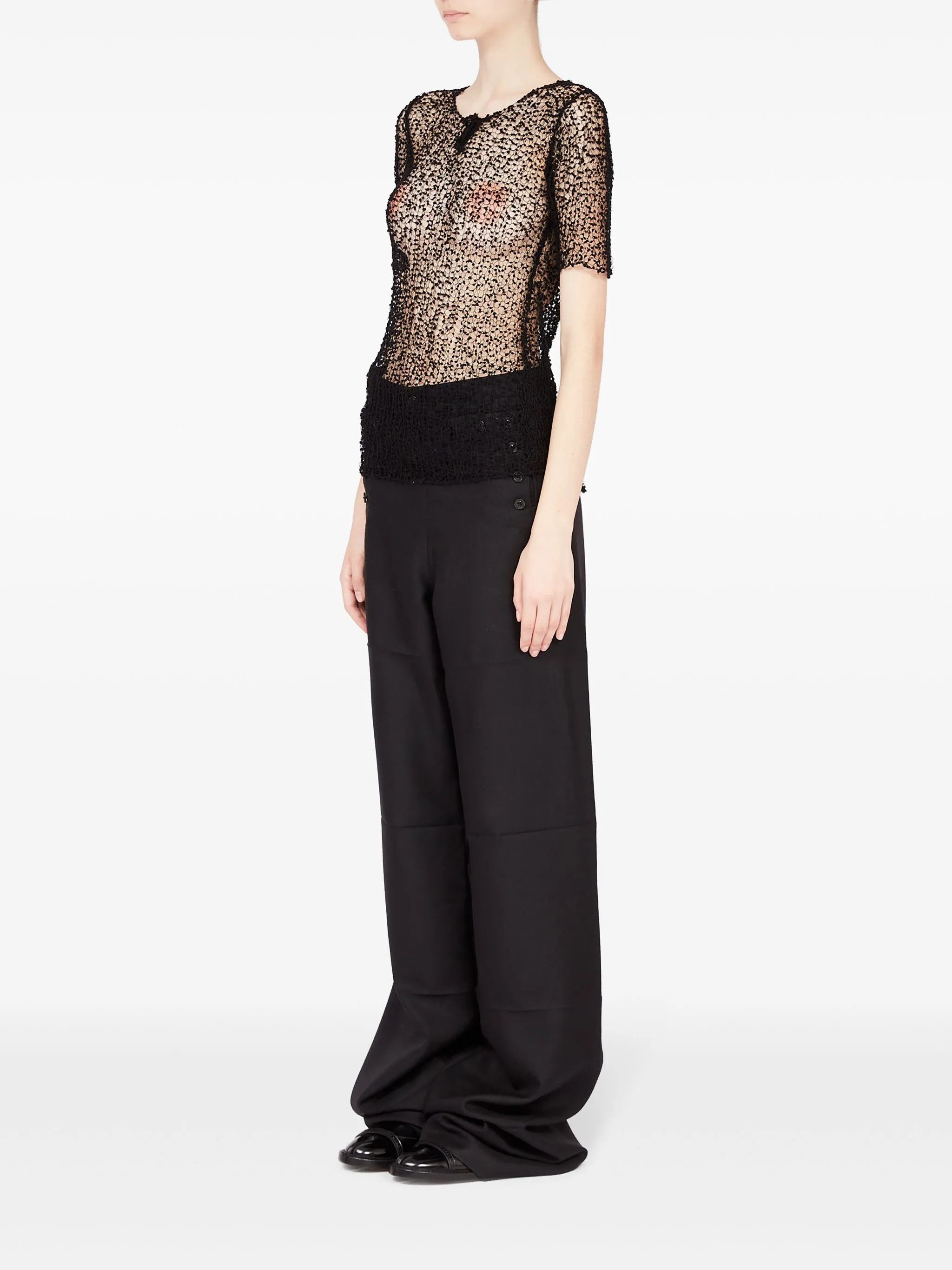 oc11z1025 Dot Embroidered Semi Sheer Top in Black