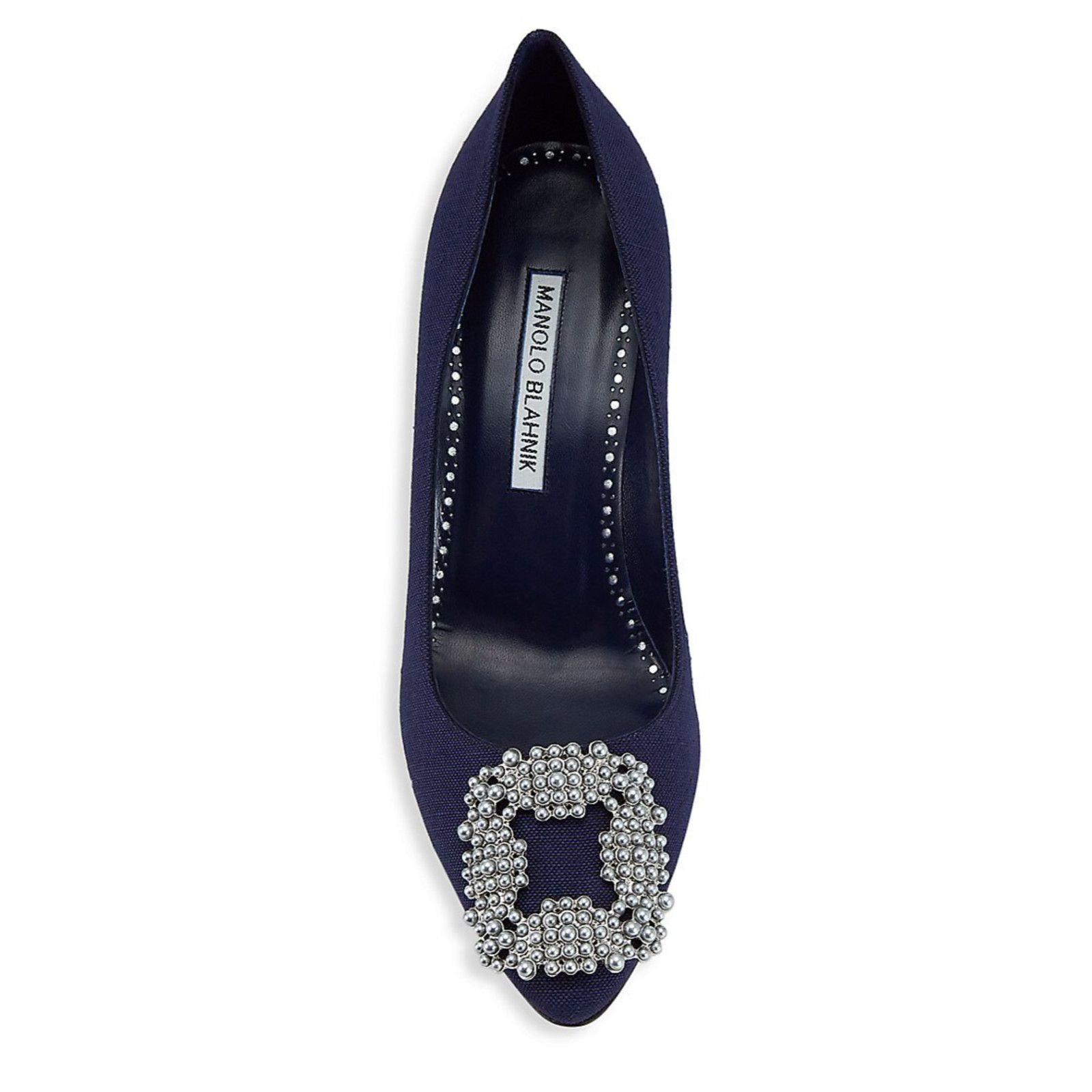 Manolo Blahnik Hangisi 70 Navy Linen Pearl Jewel Buckle Low Heel Pump 39 Size US 9 / IT 39 - 8 Thumbnail