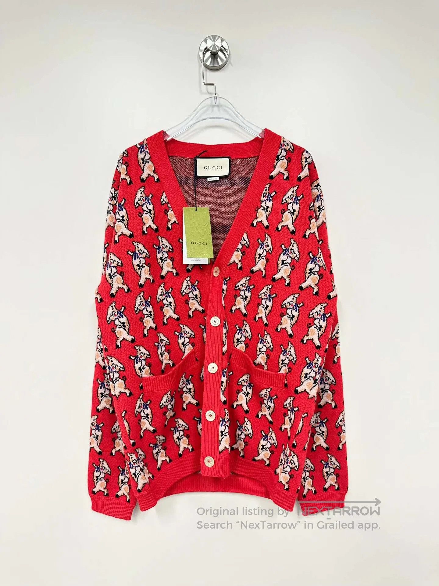 Gucci Guicci Red pig full print wool knitted cardigan jacket| Size US S / EU 44-46 / 1 - 1 Thumbnail