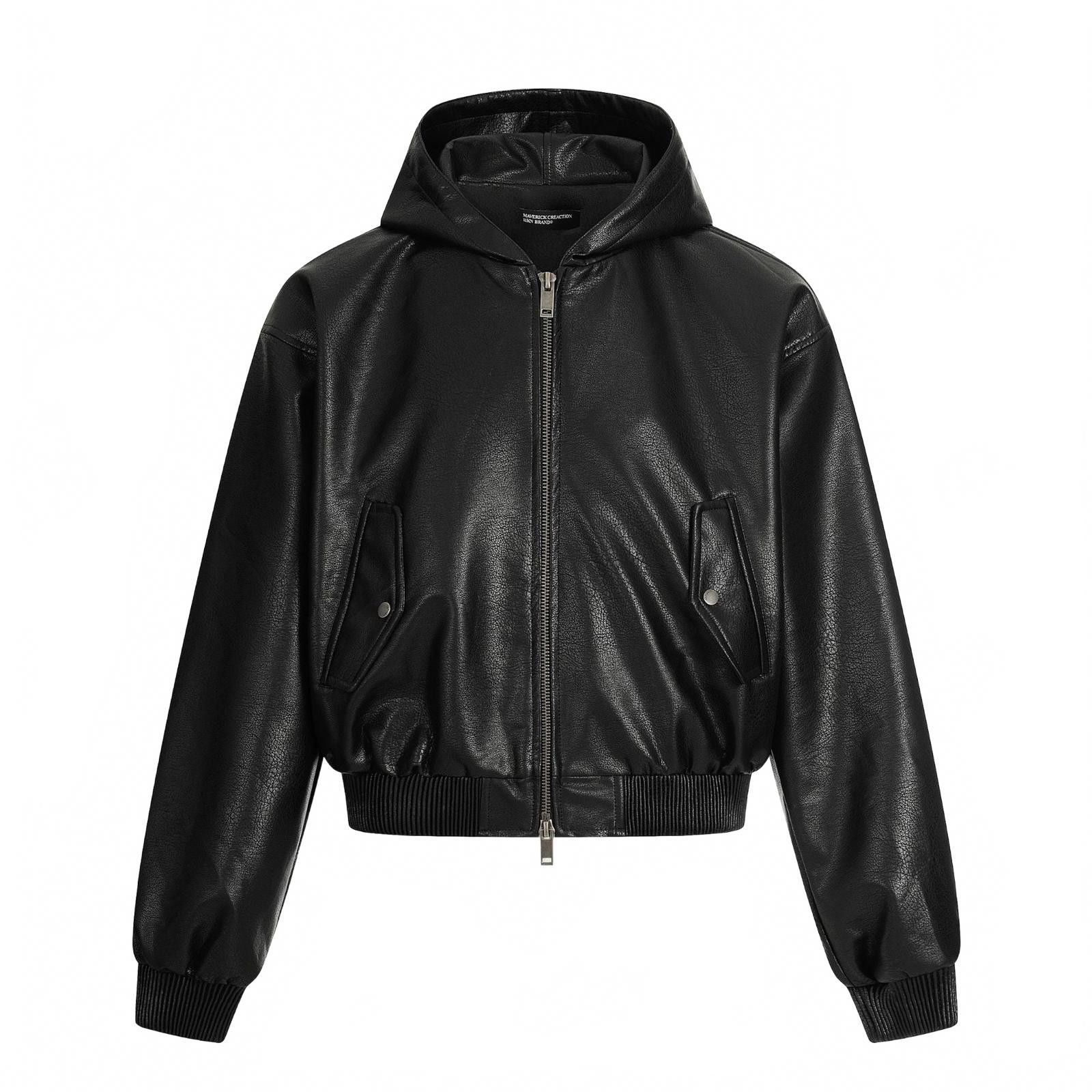 Japanese Brand Black Oversized Leather Hooded Jacket, Men's Outerwear Size US L / EU 52-54 / 3 - 1 Thumbnail