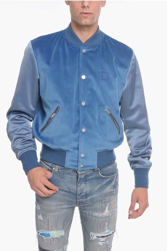 image of Amiri Og1Mm0424 Velour Varsity Jacket In Light Blue, Men's (Size Large)