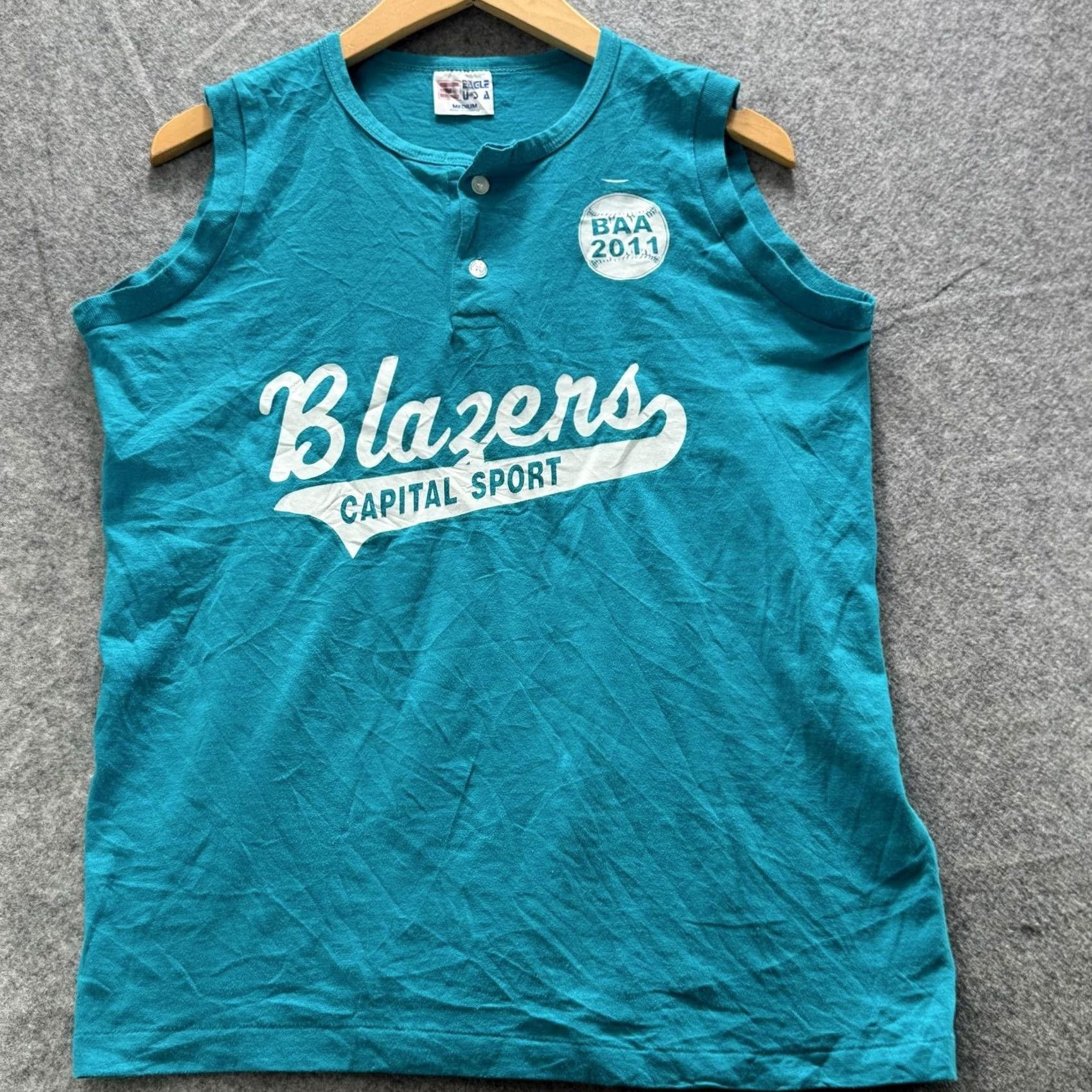 Vintage EAGLE USA Shirt Mens M Blue Henley Sleeveless Tee Graphic Print CAPITOL SPORT Blazers Logo 2011 Summer Size US M / EU 48-50 / 2 - 2 Thumbnail