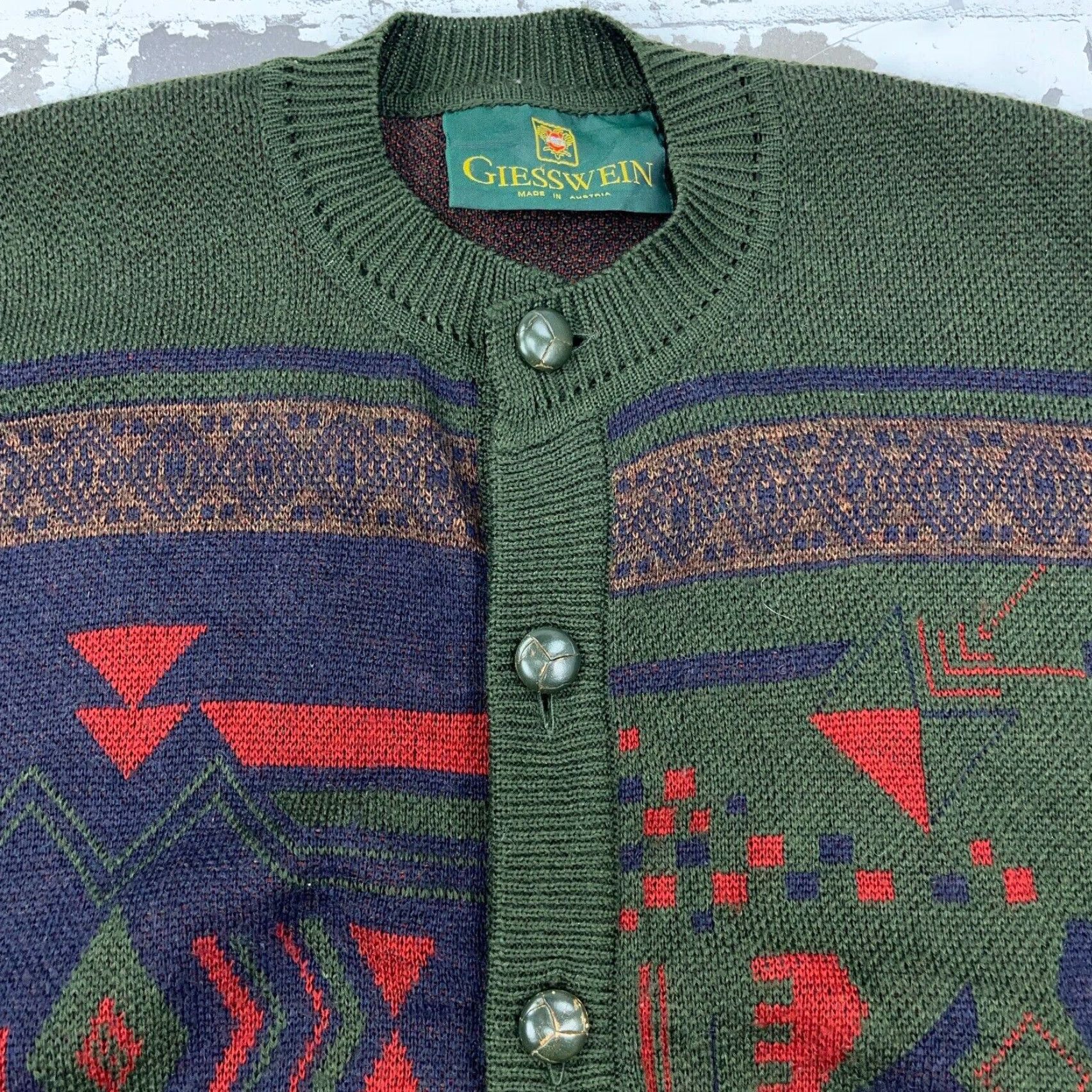 Vintage Giesswein Wool Cardigan Sweater Medium Green Blue Geometric Knit Mens Size US M / EU 48-50 / 2 - 4 Thumbnail