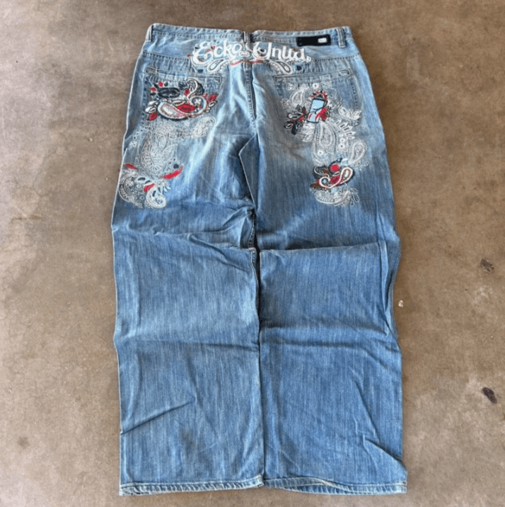 Japanese Brand Geometric Embroidery Baggy Jeans Size US 30 / EU 46 - 1 Thumbnail
