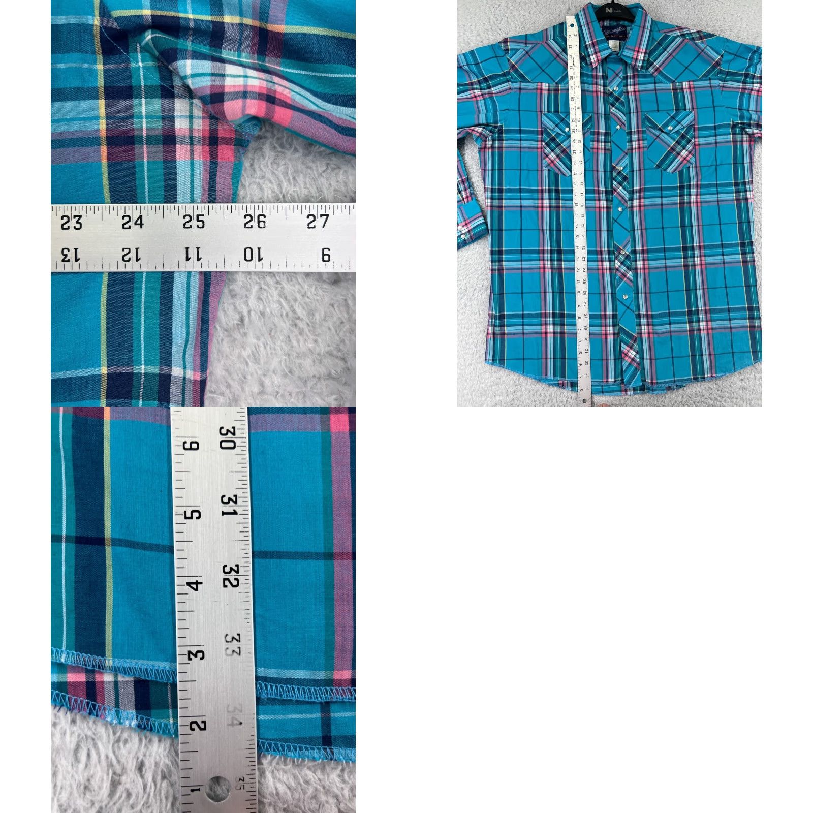 Wrangler Wrangler Shirt Mens Blue Plaid 17.5 Polyester Western Pearl Snap X-Long Tails Button-Up Size US XXL / EU 58 / 5 - 9 Thumbnail