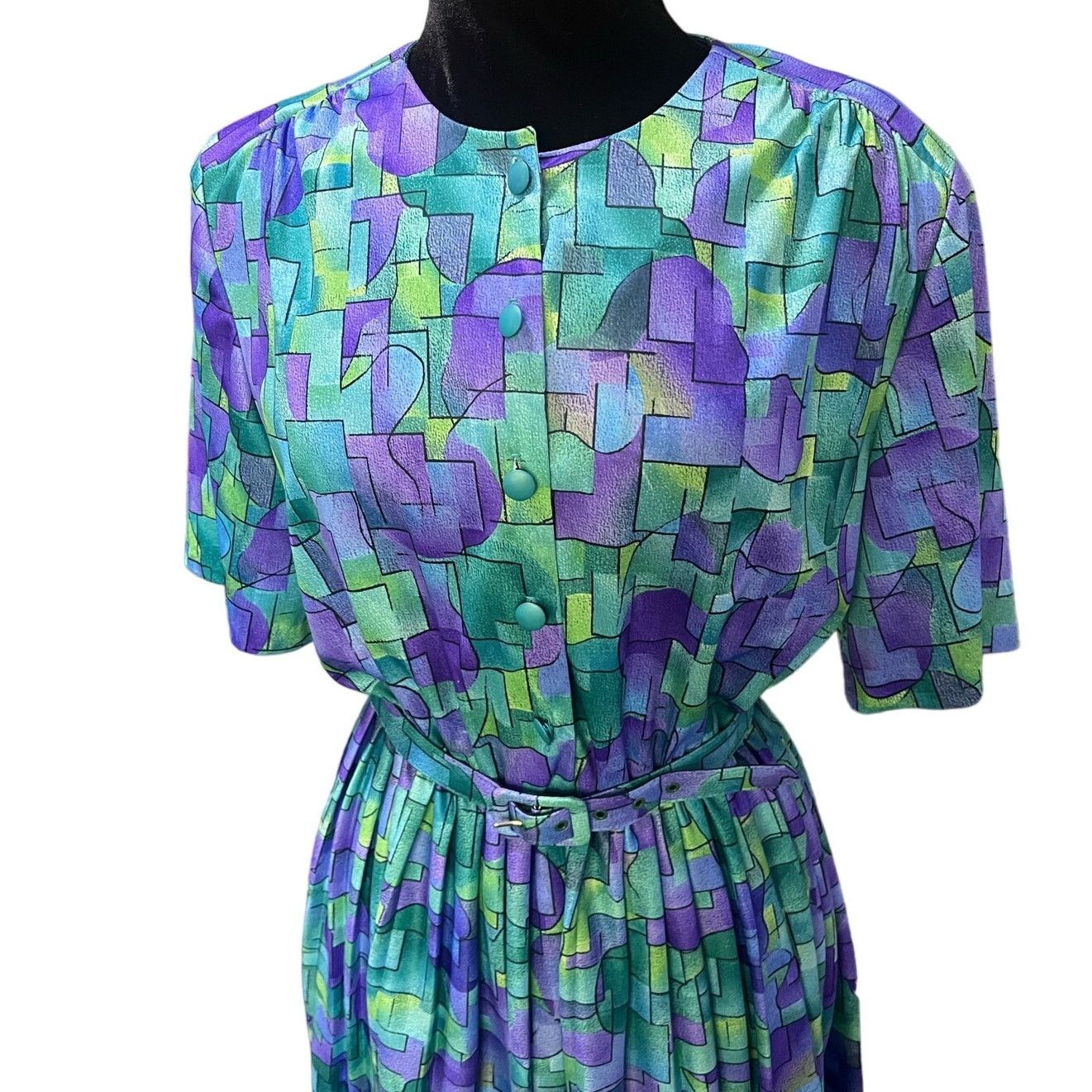 Vintage Vintage Anthony Richards Blue Green Geometric Dress Large 14 Size L / US 10 / IT 46 - 4 Thumbnail