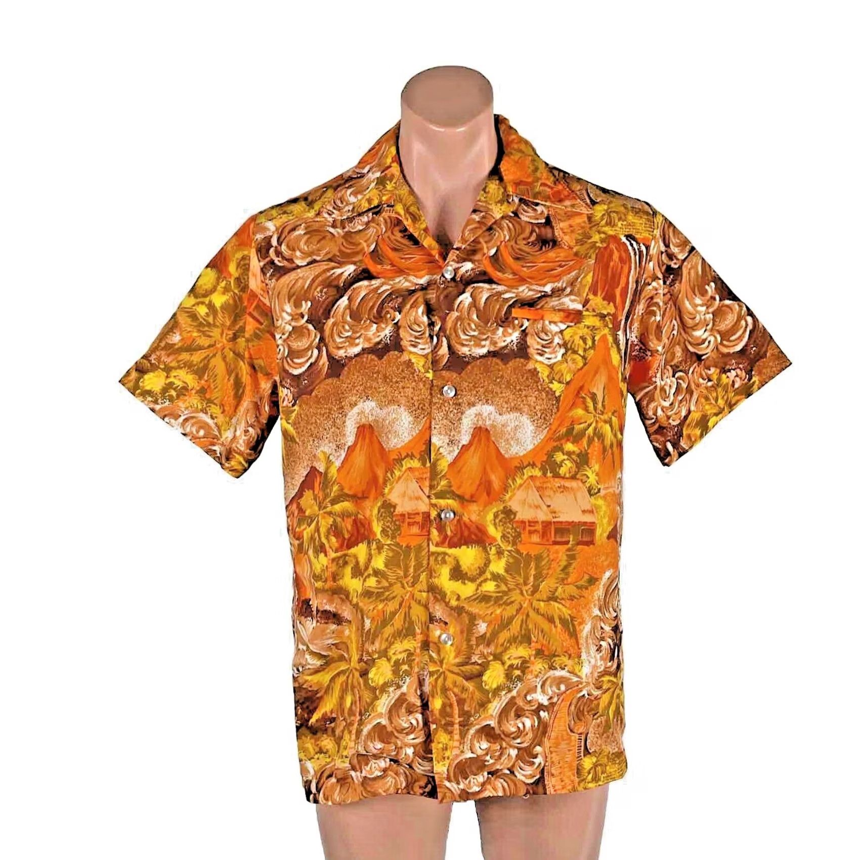 ALOHAS VTG 70s Kolekole Short Sleeve Aloha Hawaiian Burnt orange M Shirt Mens Size US 31 - 2 Thumbnail