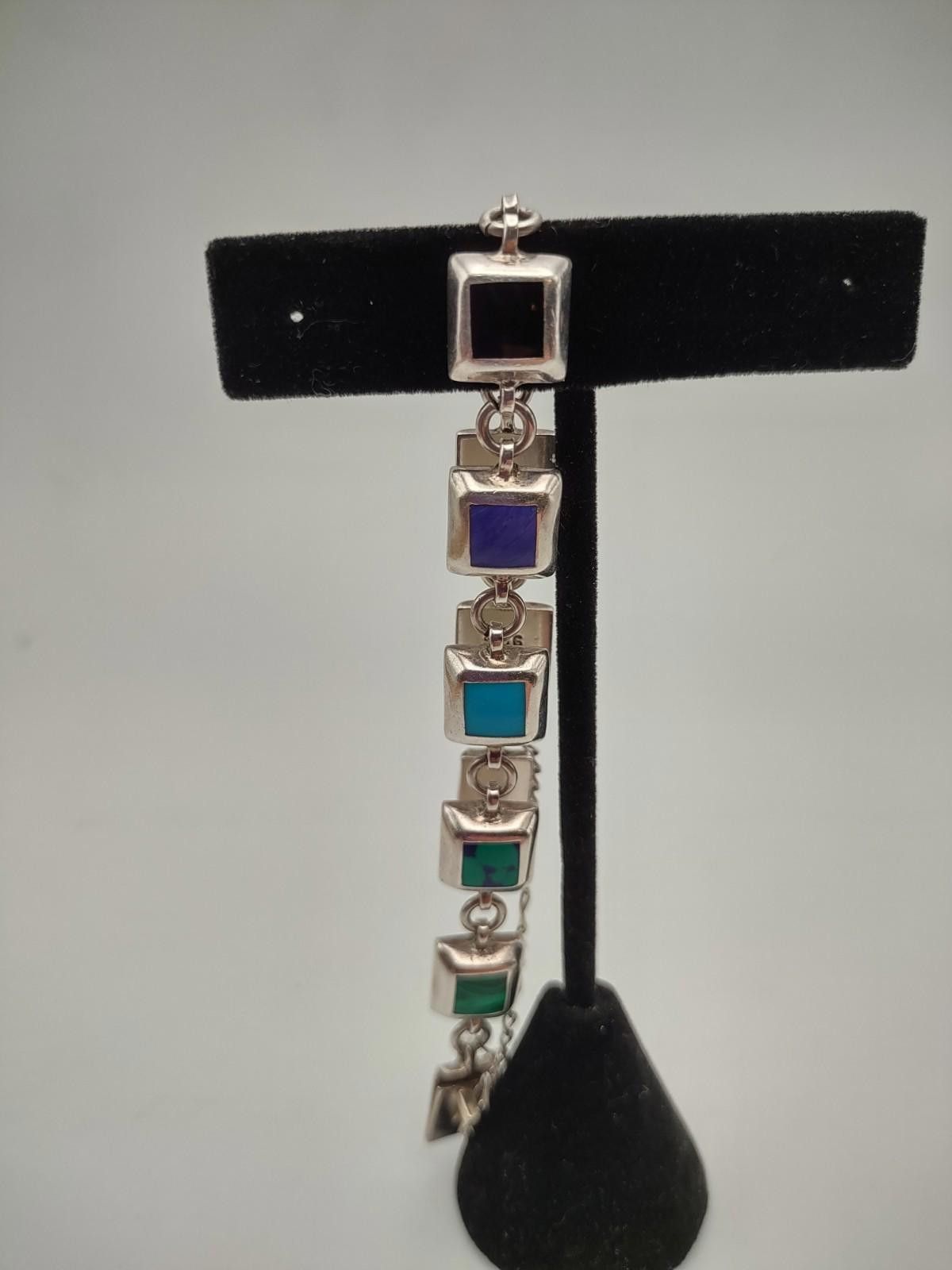 The Unbranded Brand Vintage Mexico 925 Sterling Multi Stone Inlay Bracelet Size ONE SIZE - 3 Thumbnail