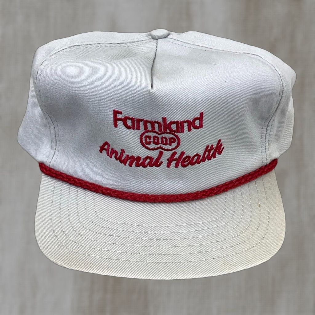 Roper VINTAGE Farmland Co-op Trucker Hat Cap Made In USA 80s 90s Rope Farm Strapback Gray Cotton Polyester Knit Adjustable Mens Hat Size ONE SIZE - 1 Thumbnail