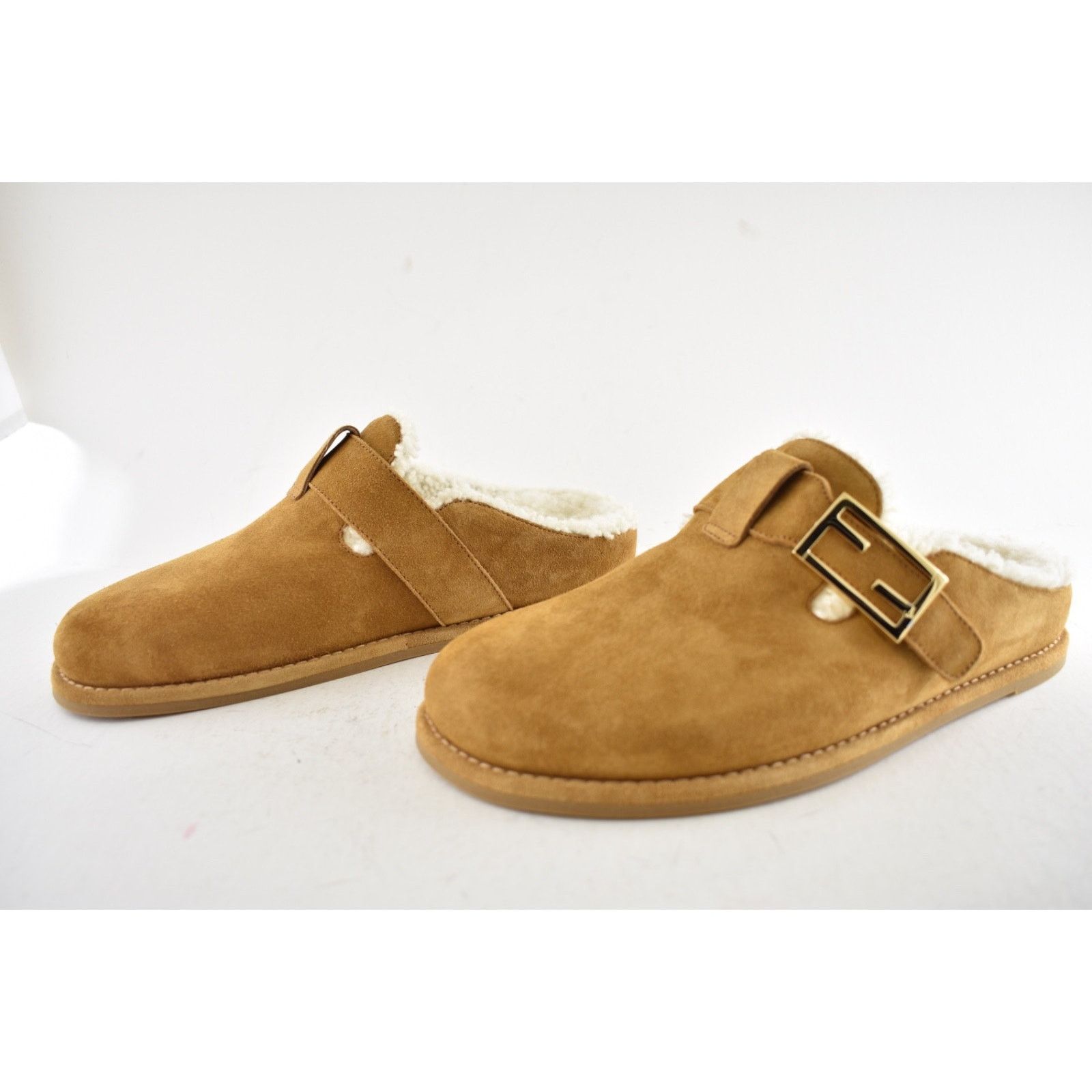 Fendi Fendi Feel Mules Caramel Brown Suede Shearling FF Gold Logo Size US 12 / IT 42 - 12 Thumbnail