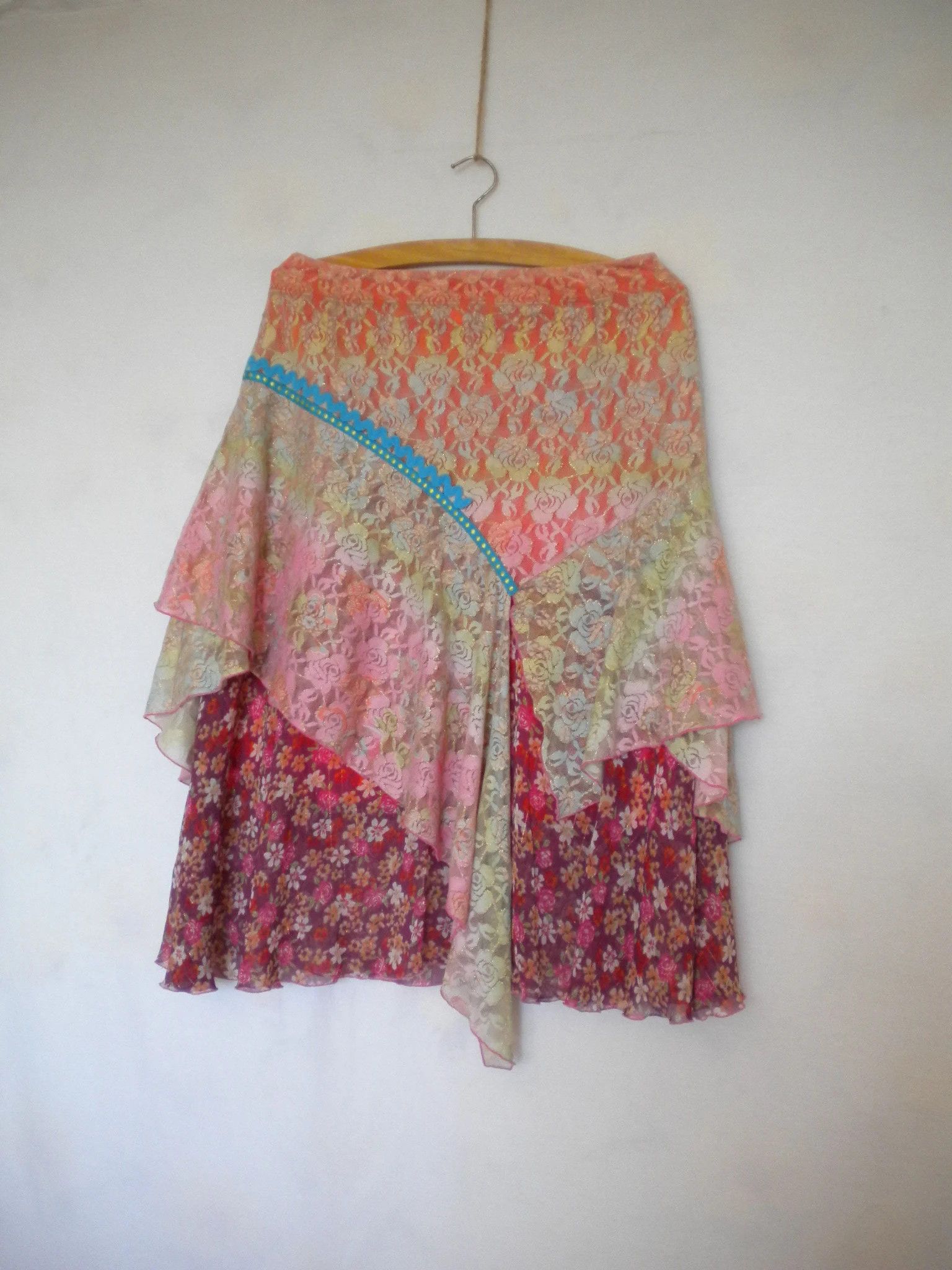 Other Vintage floral lace chiffon skirt, ruffled gypsy mesh skirt Size 27" / US 4 / IT 40 - 1 Thumbnail
