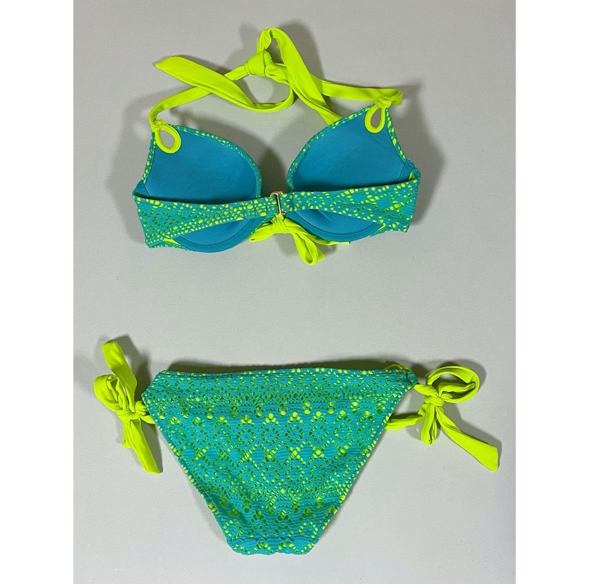 Designer × Victoria's Secret × Vintage Green Blue Lace Bikini Top (32C) and Bottoms (S) Set 🩵💚✨ Size ONE SIZE - 4 Thumbnail