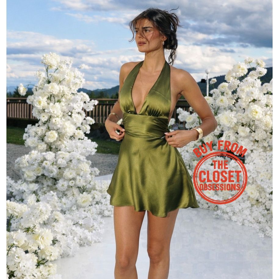Zara Zara Satin Halter Mini Dress Olive Green Open Back NWT Size L / US 10 / IT 46 - 2 Thumbnail