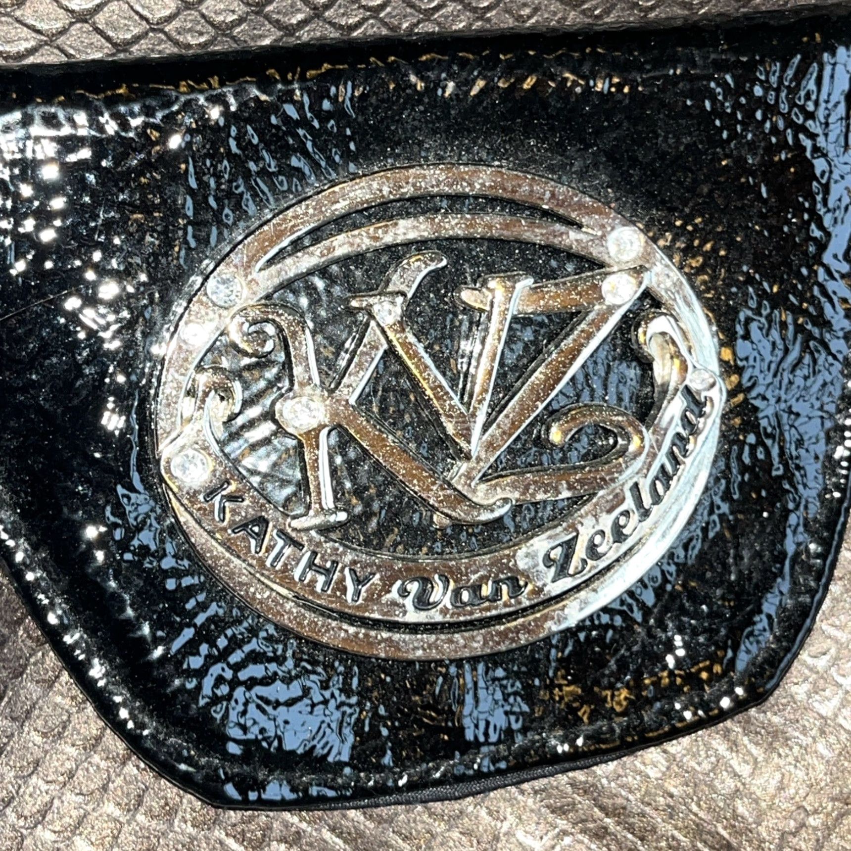 Doublet VINTAGE Kathy Van Zeeland Shoulder Bag Croc Embossed Brown Black Silver Studs Slouchy Boho Double Straps Size ONE SIZE - 4 Thumbnail