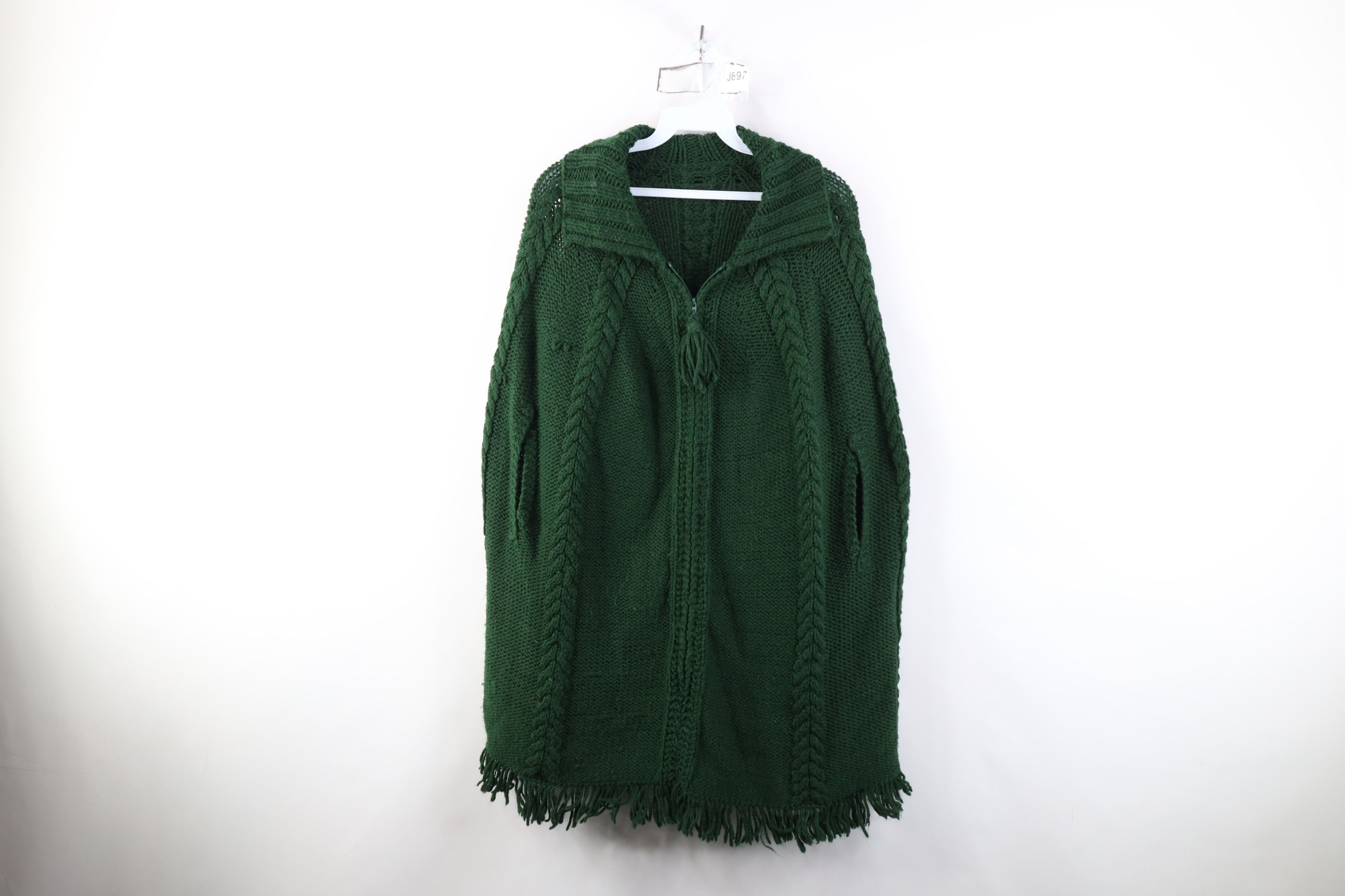 Vintage Vintage 50s 60s Boho Chic Cable Fringed Sweater Cape Green Size ONE SIZE - 1 Thumbnail