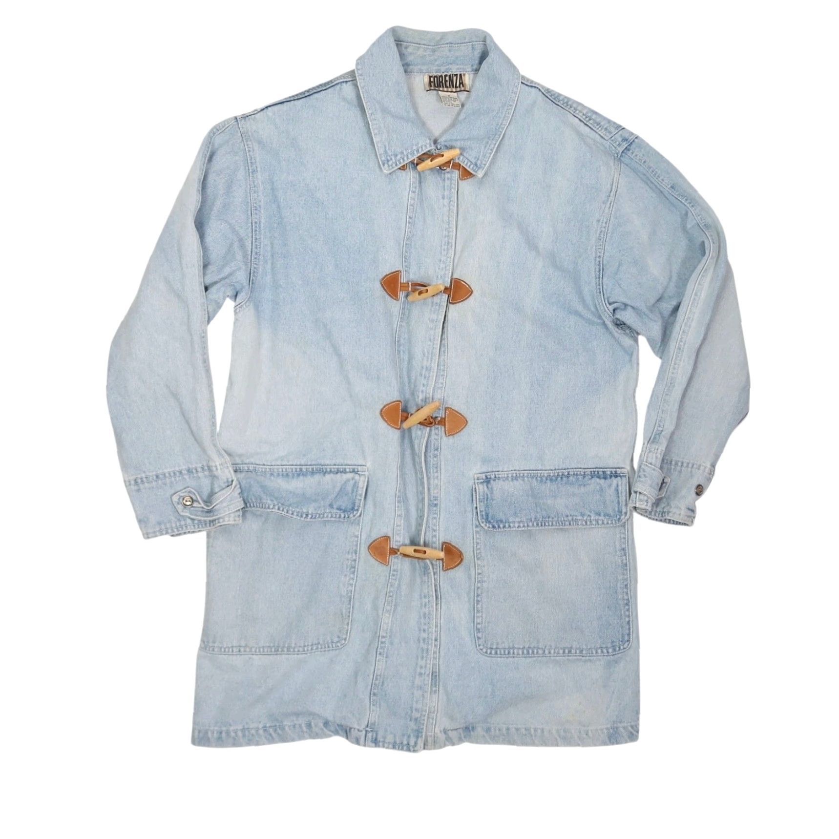 Denime VINTAGE Forenza Denim Jacket Boot? 90s Bohemian Light Wash Toggle Button Mid-Length Women M Blue Denim Jacket Size 32" / US 10 / IT 46 - 8 Thumbnail