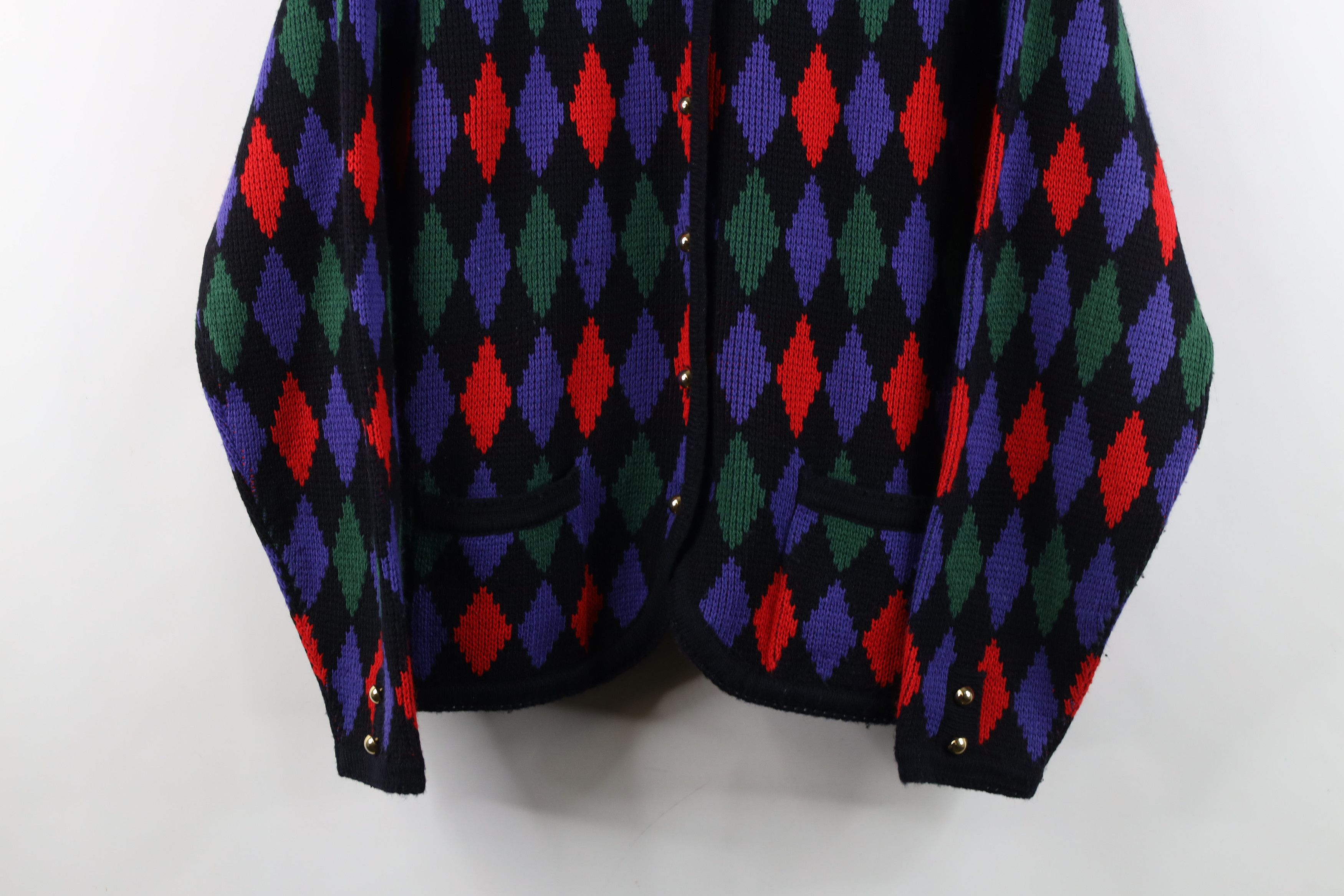 Vintage Vintage 90s Streetwear Diamond Knit Cardigan Sweater Acrylic Size XL / US 12-14 / IT 48-50 - 3 Thumbnail