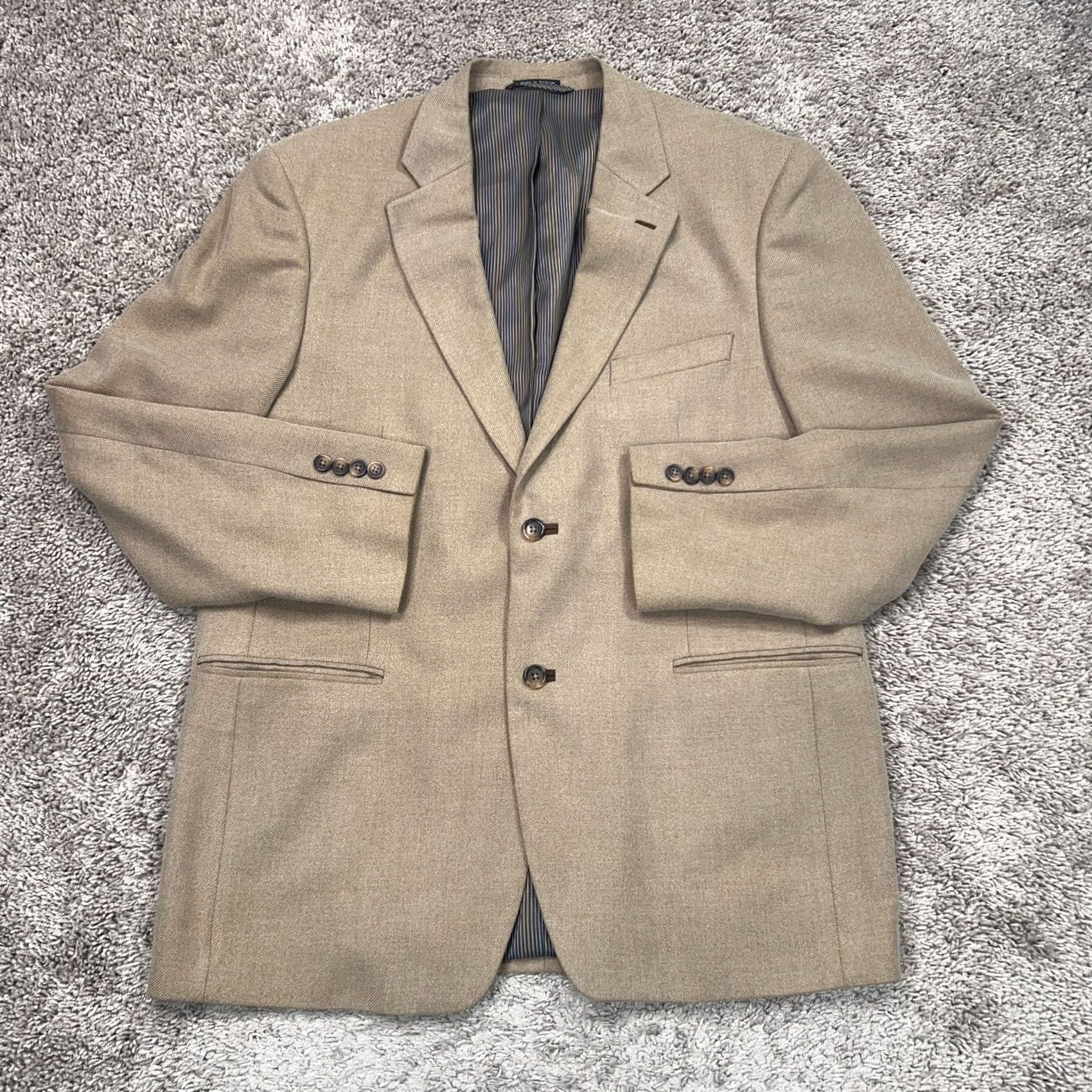 Vintage Savile Row Jacket Mens 44 Beige Carmel Suit Sport Coat Formal London Wedding Size 44R - 2 Thumbnail