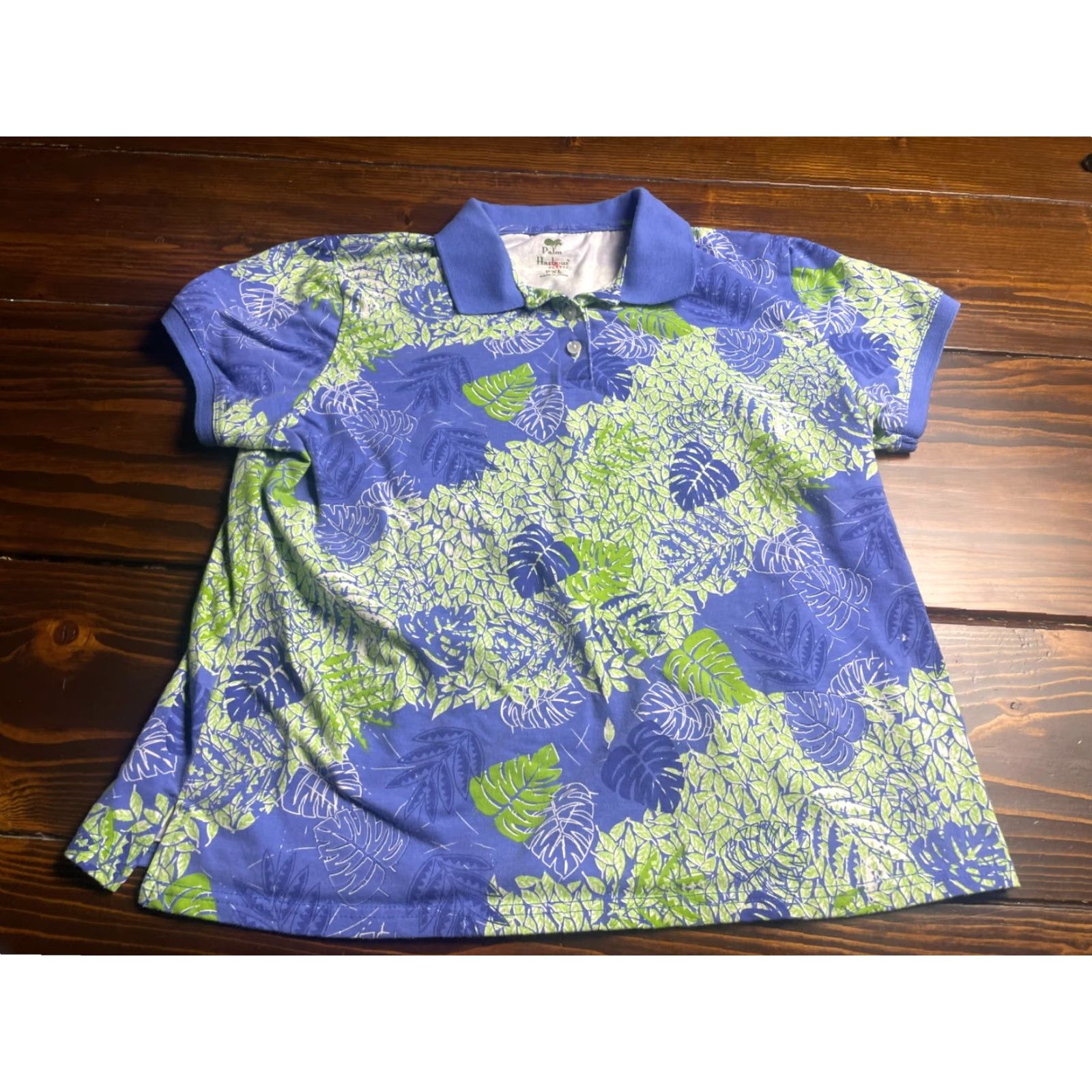 Vintage Palm Harbour Polo Shirt Womens XL Petite Blue Green Hawaiian Palm Leaves Polo Short Sleeve Casual Vintage No Size XL / US 12-14 / IT 48-50 - 2 Thumbnail