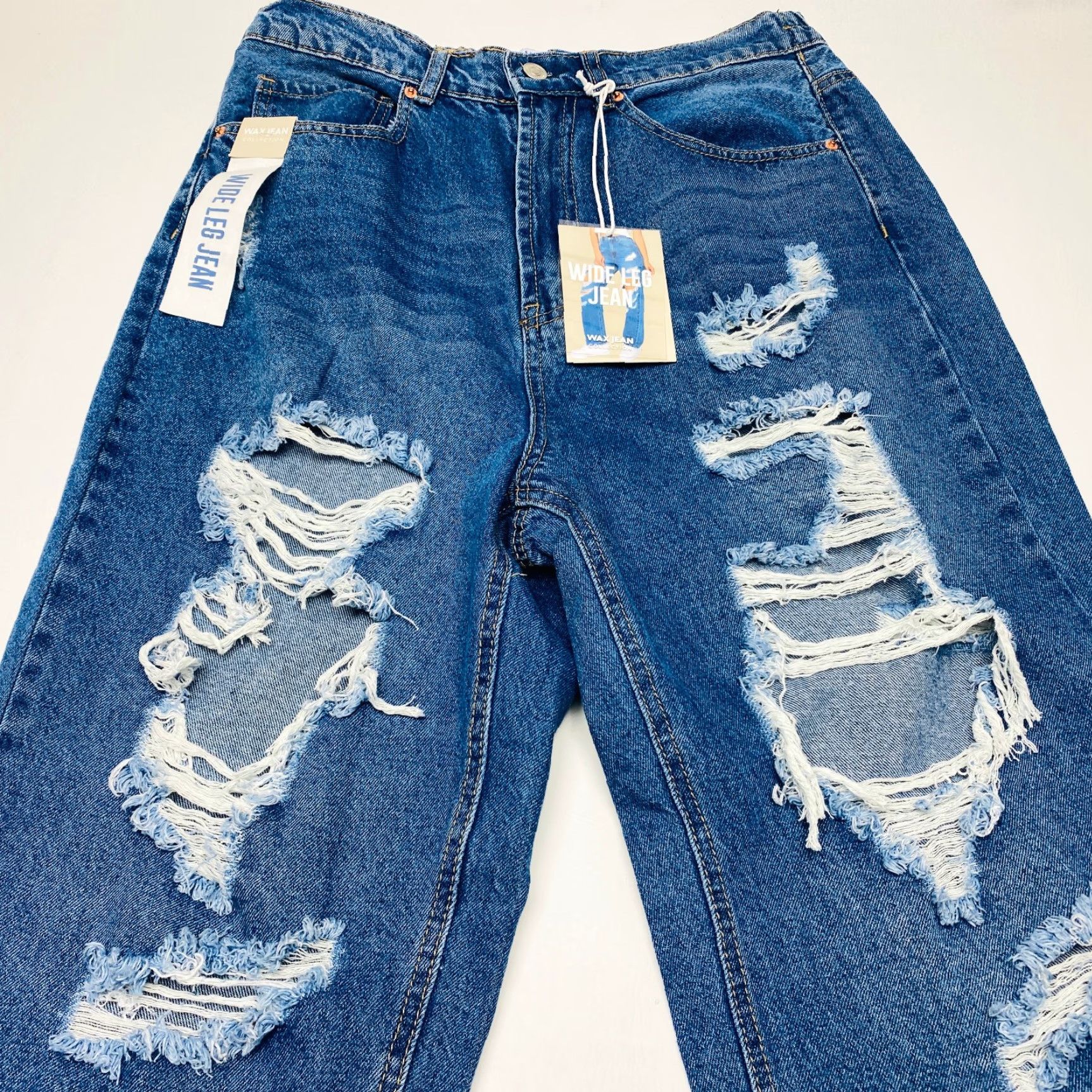 Vintage NEW Wax Jean Collection Jeans Mens XL Blue Denim Wide Leg Distressed Shredded Stretch Size 40" / US 18 - 3 Thumbnail