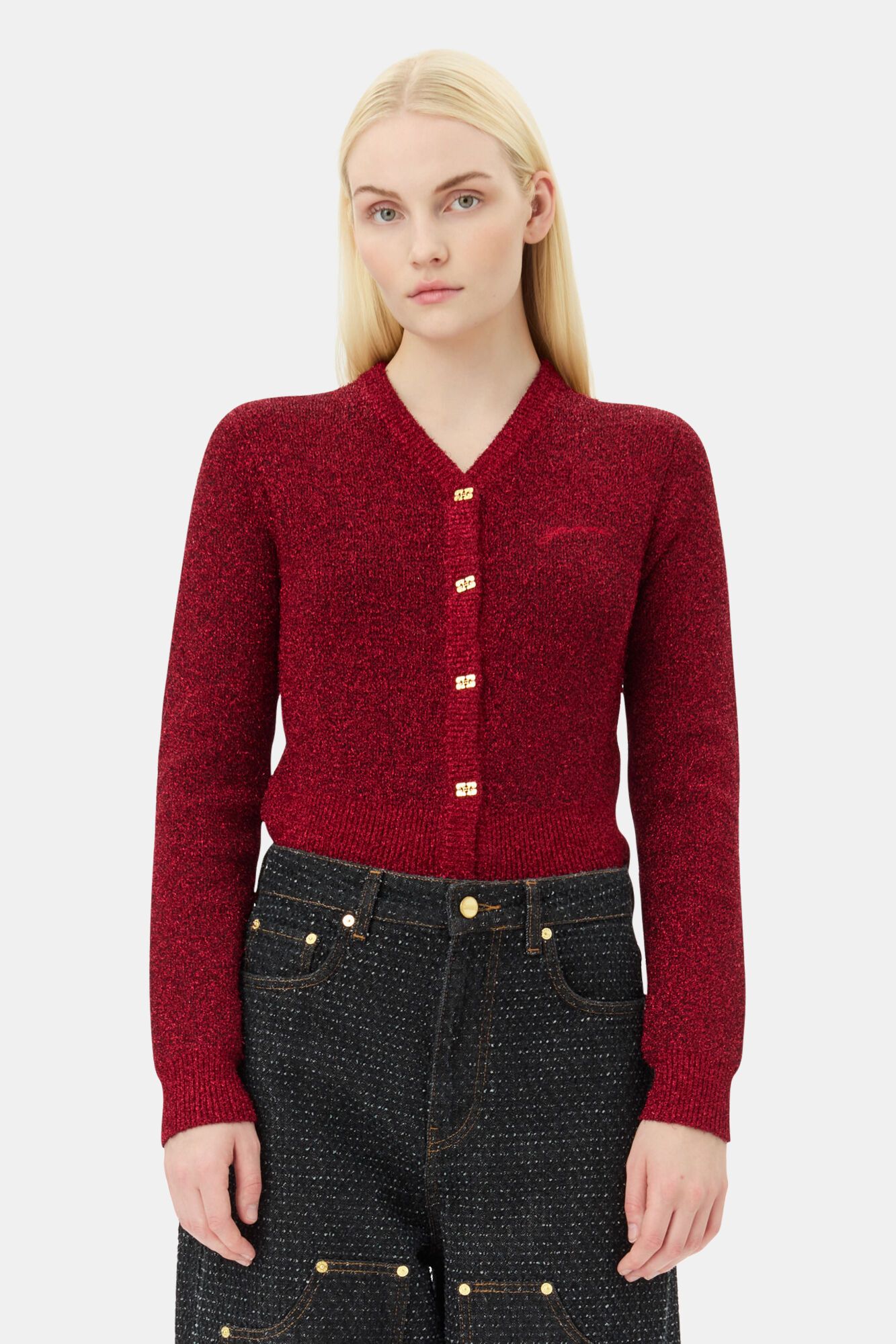 Ganni o1s22i1n0525 Sparkling Cardigan in Red Size M / US 6-8 / IT 42-44 - 2 Thumbnail