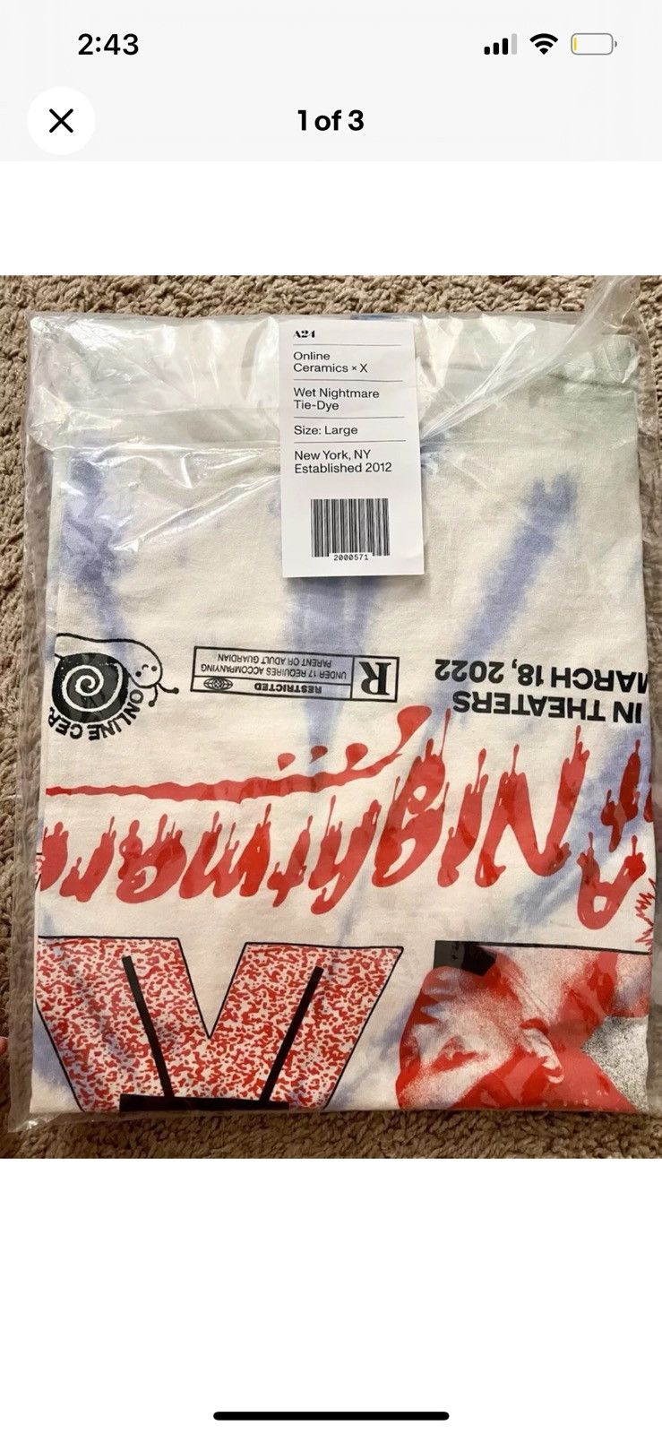A24 × Online Ceramics X Tie Dye Wet Nightmare Tee A24 Online Ceramics Shirt Pearl Size US L / EU 52-54 / 3 - 2 Thumbnail