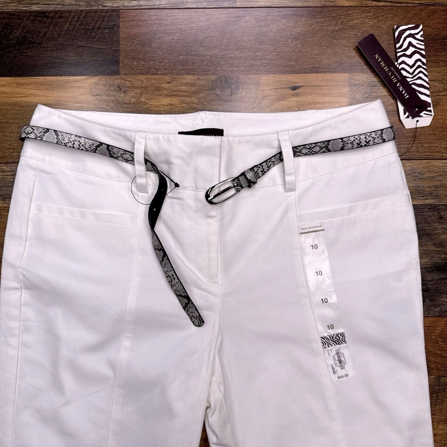 Vintage Dana Buchman Capri Pants Womens 10 White High Rise Stretch Belt New Size 32" / US 10 / IT 46 - 2 Thumbnail