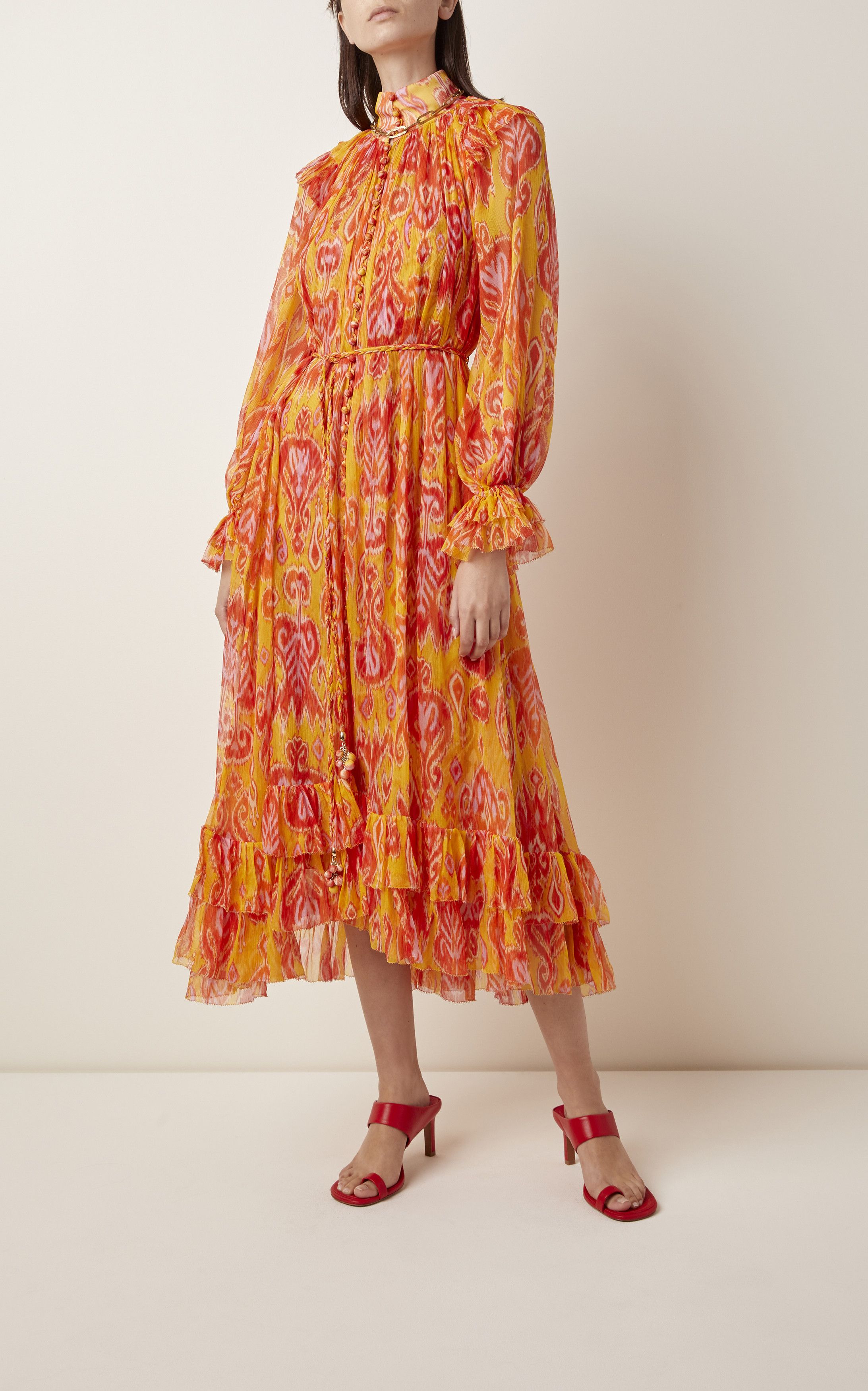 image of Zimmermann Brightside Frilled Midi Dress in Golden Ikat, Women's (Size Small)