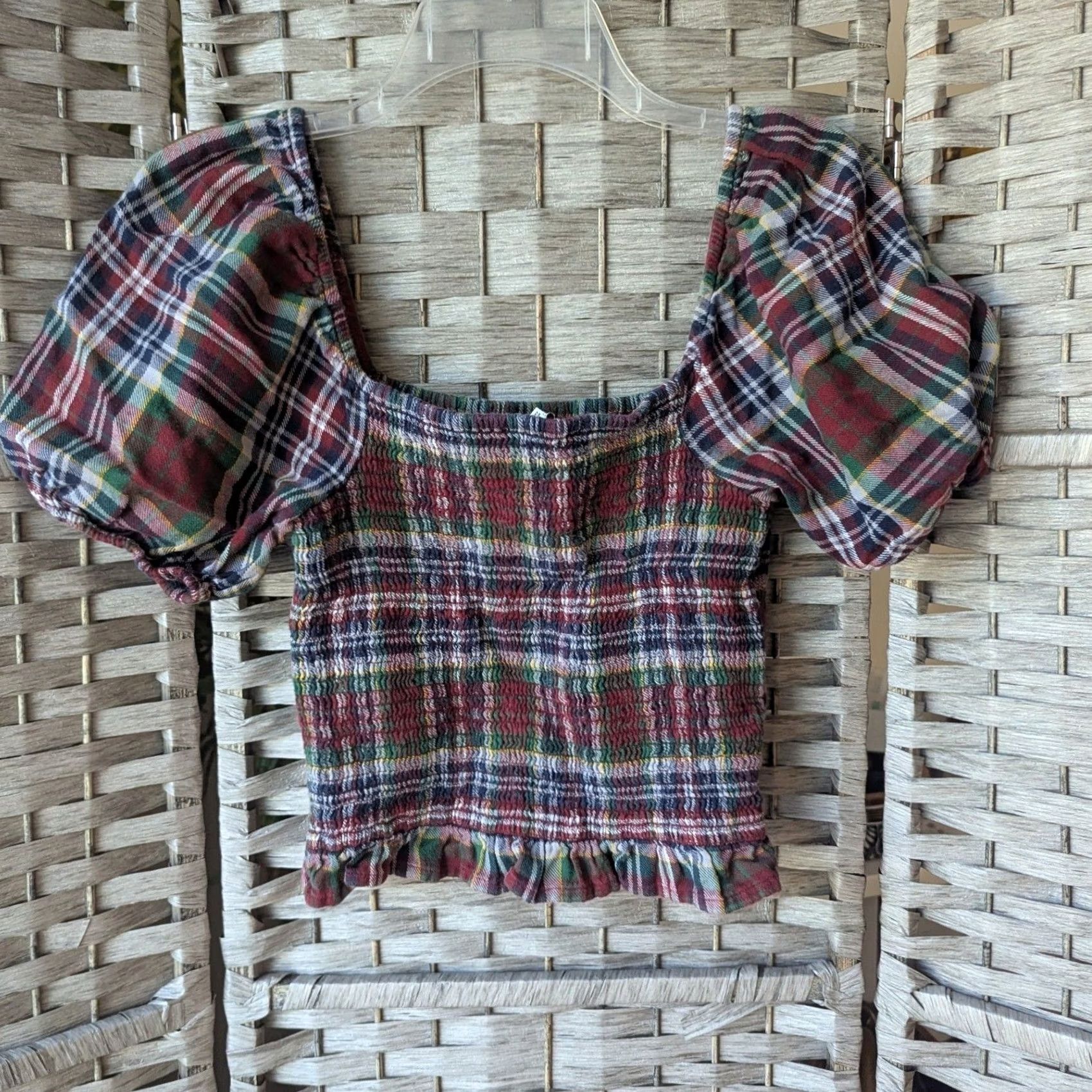 American Eagle Outfitters American Eagle Red Blue Plaid Crop Top Smocked Puff Sleeve Ruffle Sz S *Fits XS Size S / US 4 / IT 40 - 4 Thumbnail