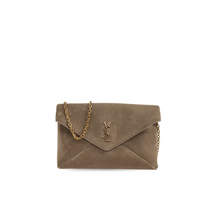 Saint Laurent $1600 Cassandre Light Cumin Suede Chain Pouch, Women's